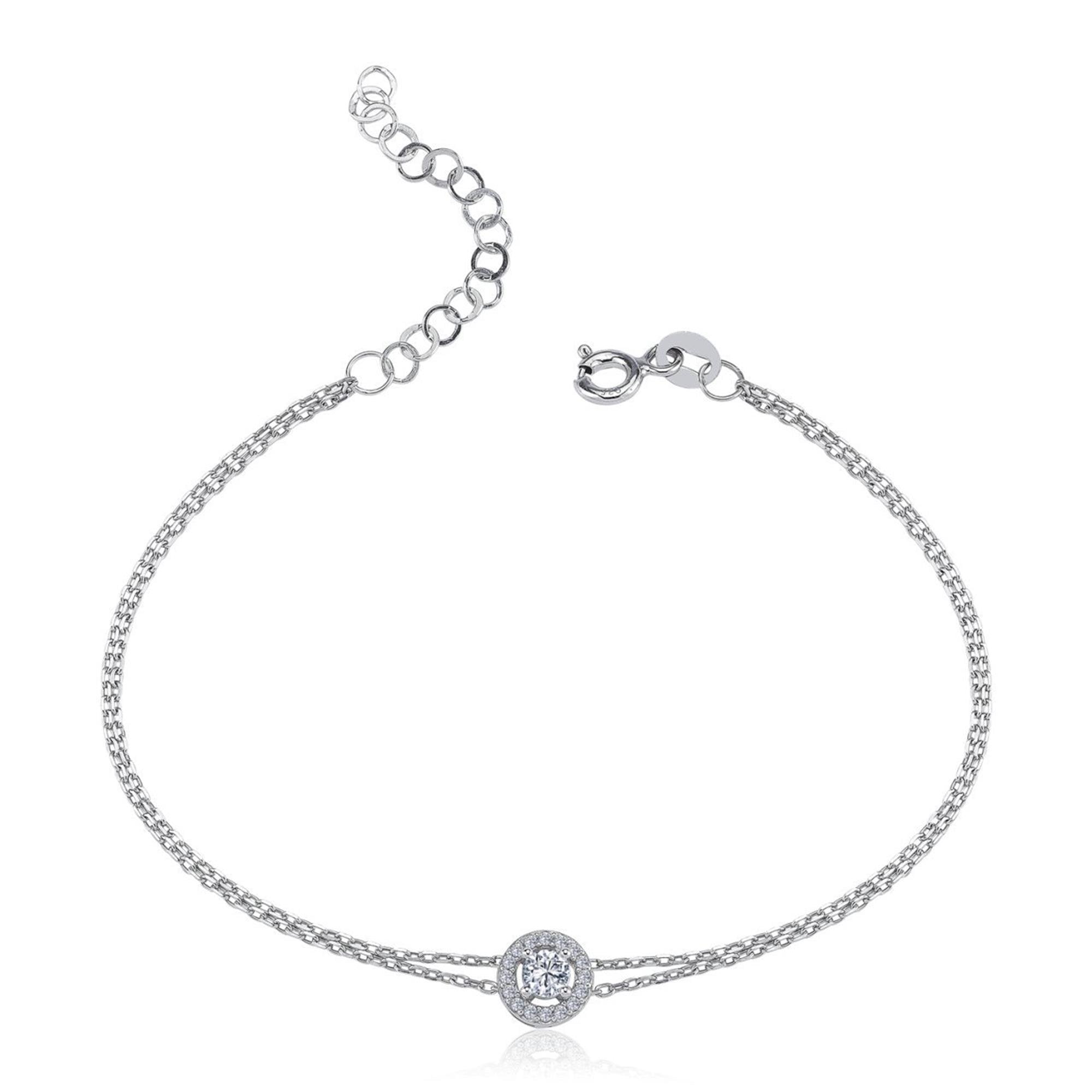 Elegant sterling silver bracelet with a 0.25 carat diamond-effect center and micro pavé halo on a double chain.