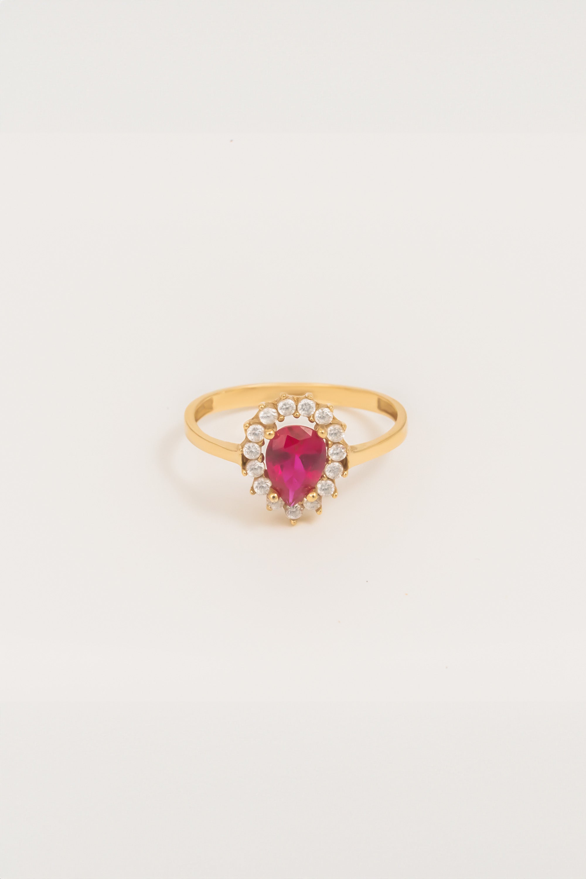 14K Gold Pear Cut Red Ruby Halo Ring