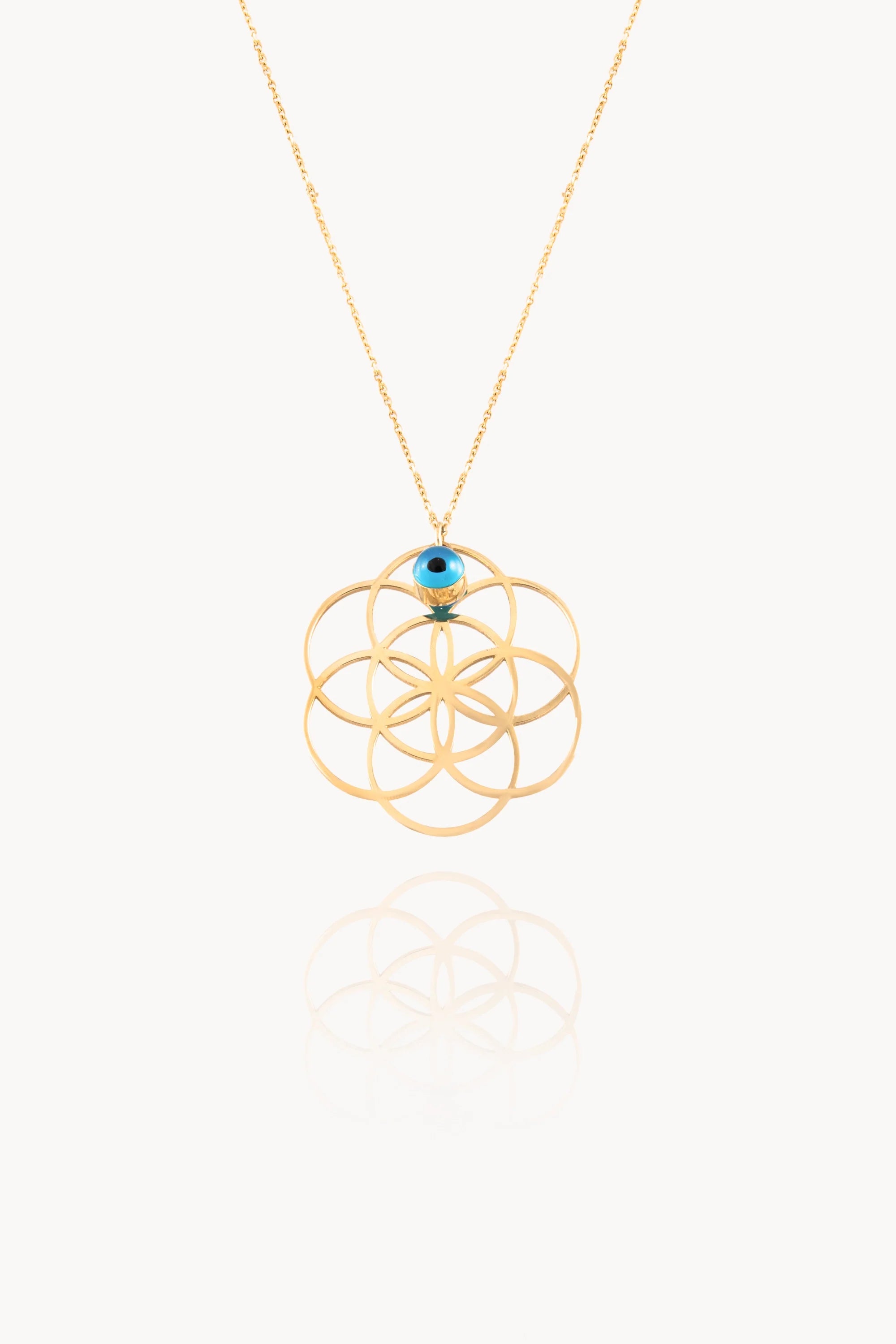 14K Gold Flower Of Life Necklace with Evil Eye