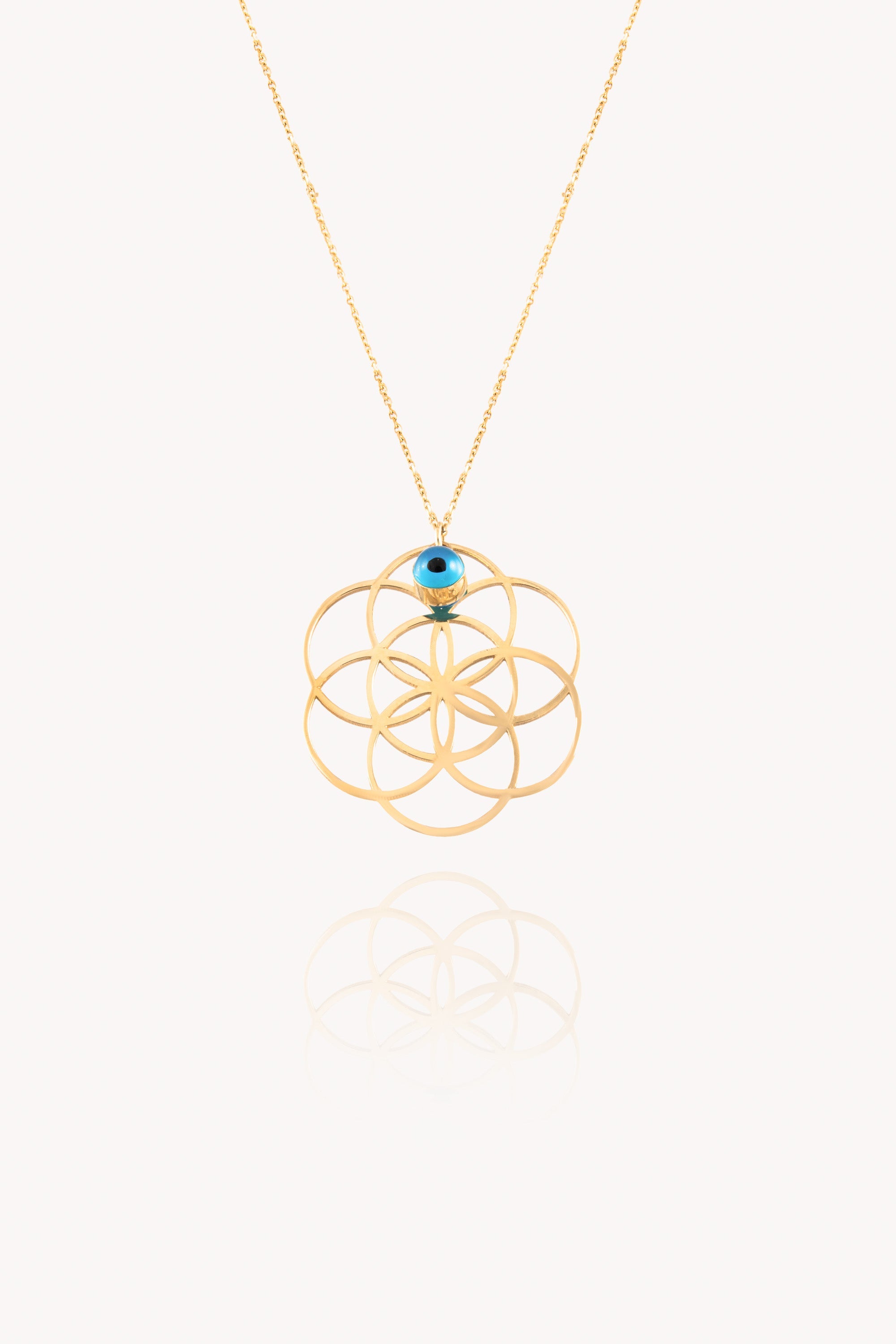 14K Gold Flower Of Life Necklace with Evil Eye