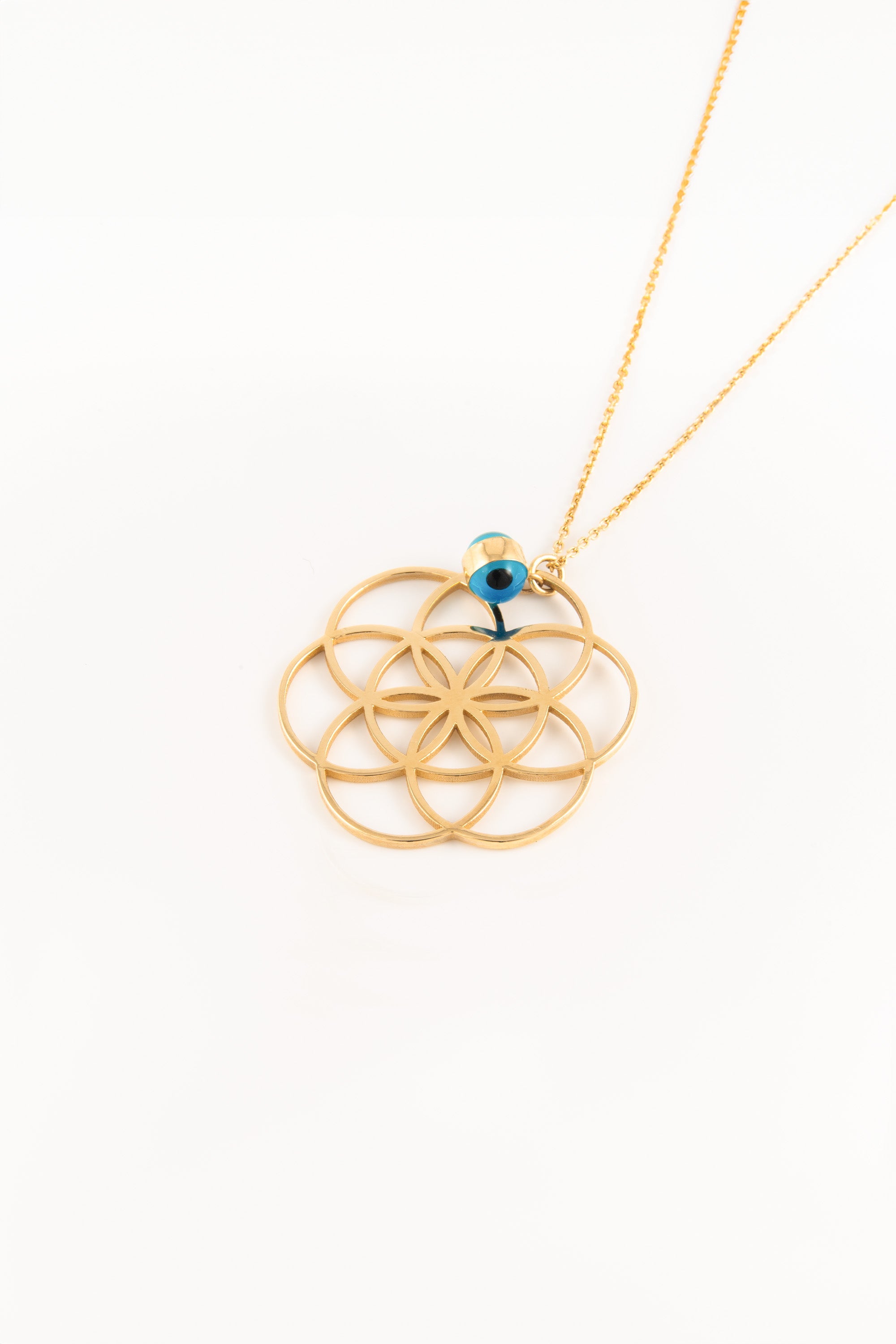 14K Gold Flower Of Life Necklace with Evil Eye