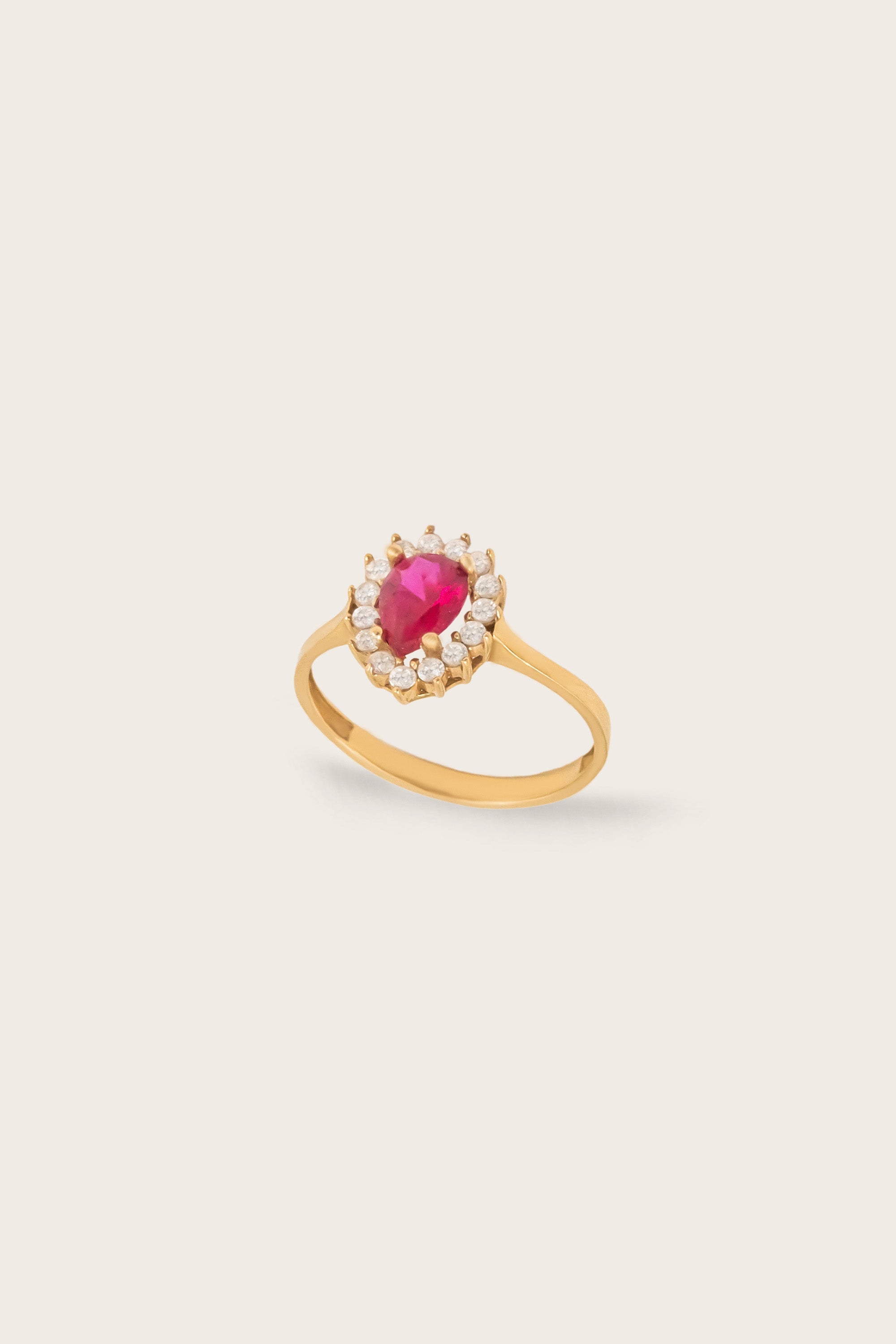 14K Gold Pear Cut Red Ruby Halo Ring