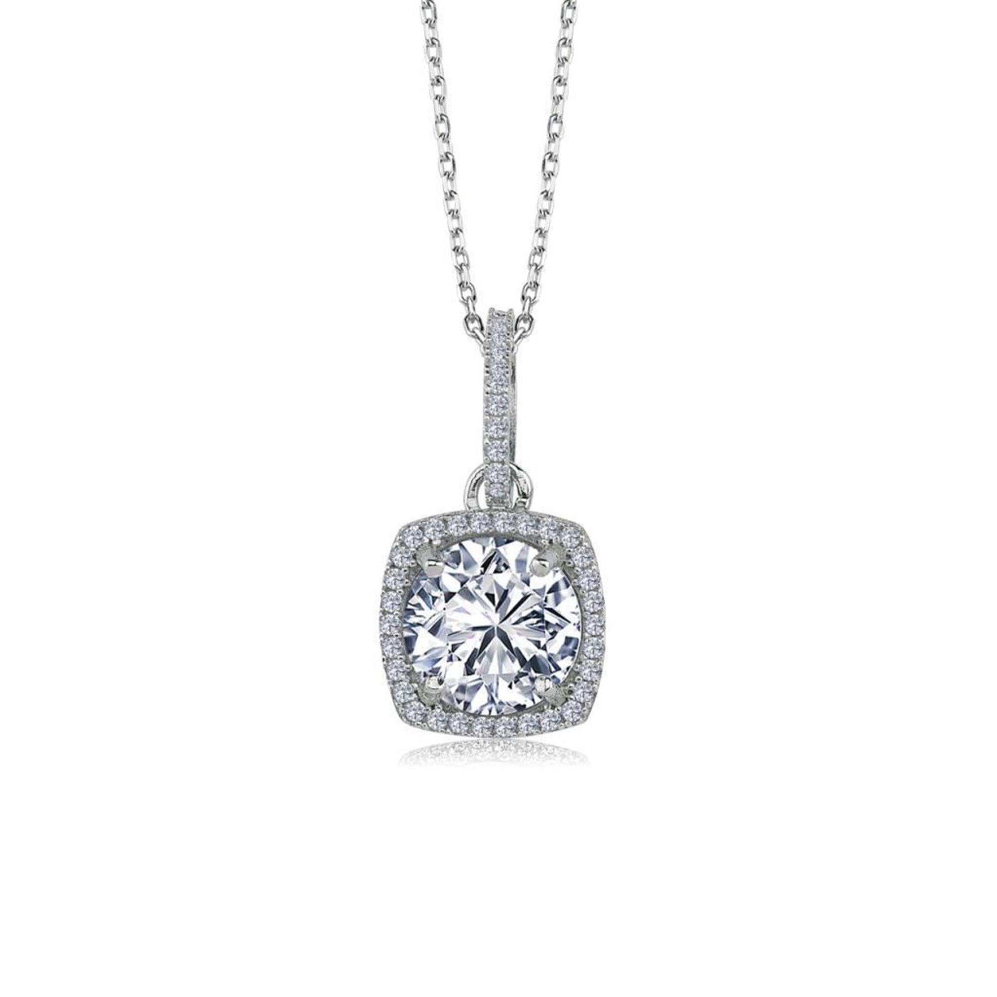 Cushion-cut 3.00 carat solitaire halo necklace in sterling silver with dazzling zirconia stones – perfect for weddings or evening wear.