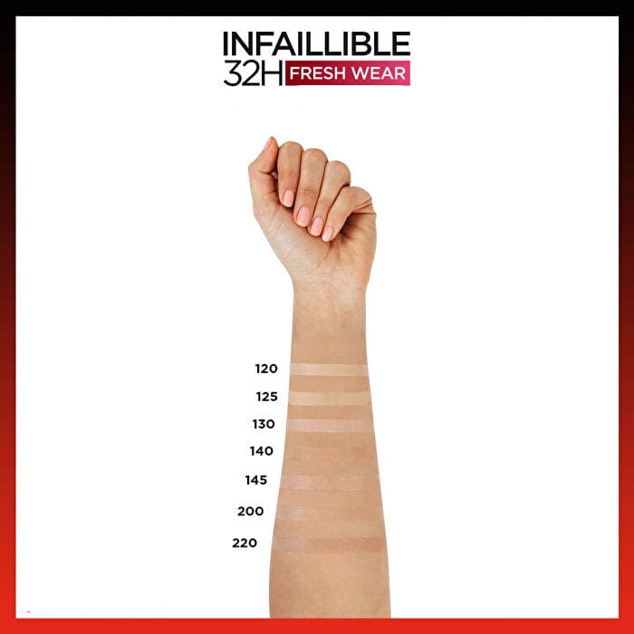 Foundation bottle featuring a sleek design, marked with 32-hour wear and vitamin C benefits.