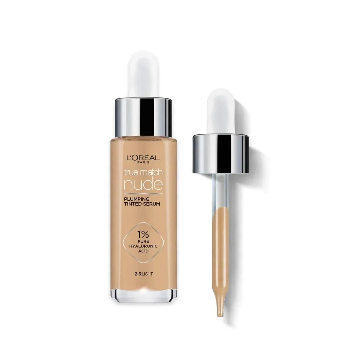 A small glass bottle with a dropper cap, containing a light beige foundation serum.