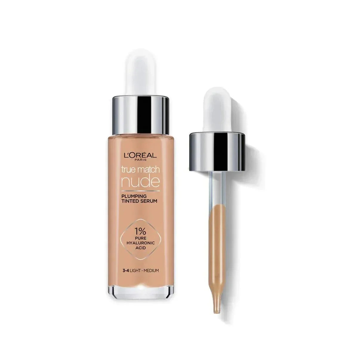L'Oreal Paris tinted serum in a sleek glass bottle with dropper.