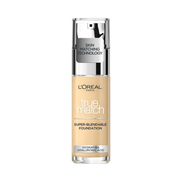 A bottle of L'Oreal Paris True Match Liquid Foundation in a light beige shade with a silver cap.