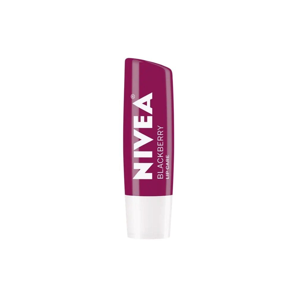 Three tubes of Nivea lip balm with purple caps resembling blackberries.