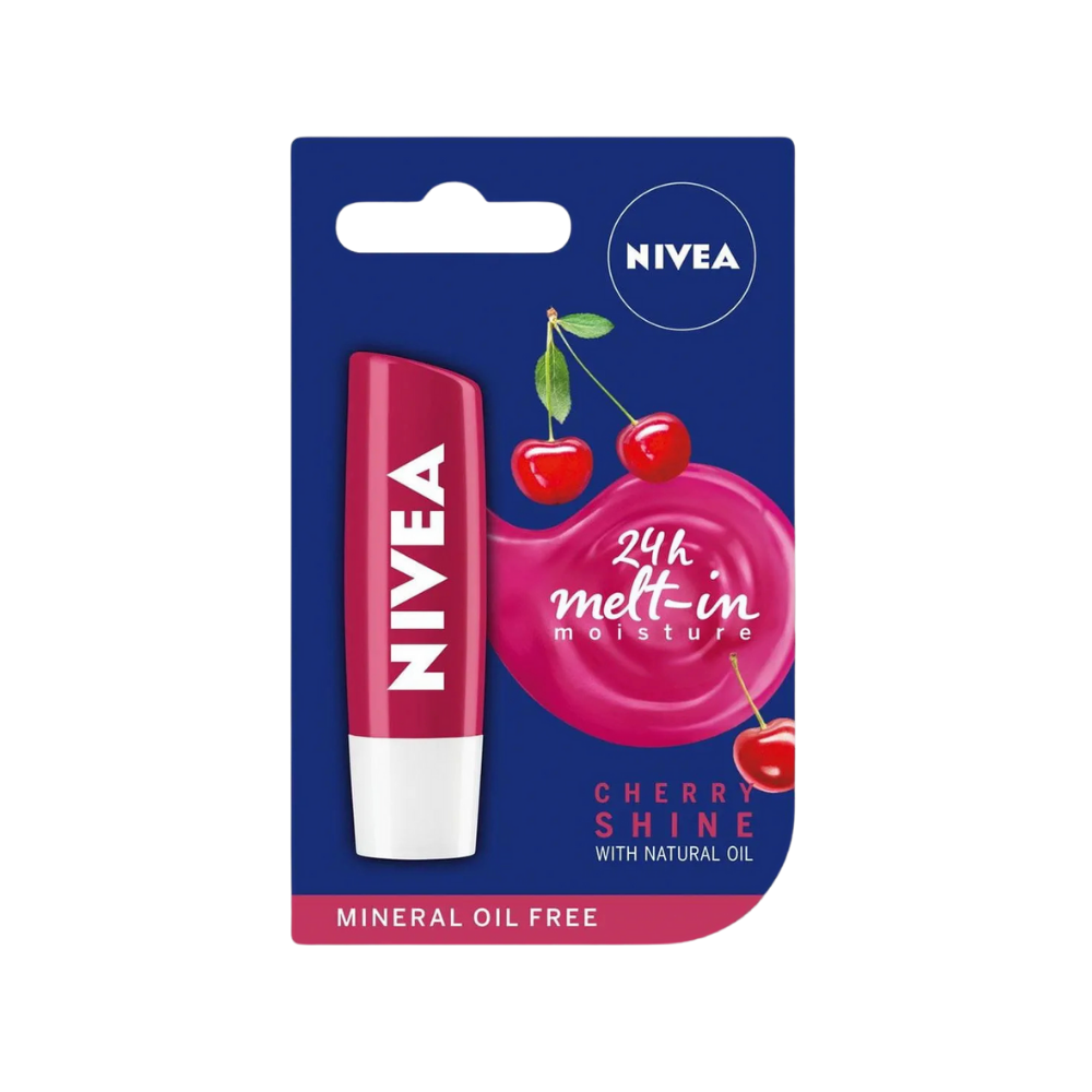 Nivea lip balm tube in cherry variant, designed to keep lips moisturized for a full day.