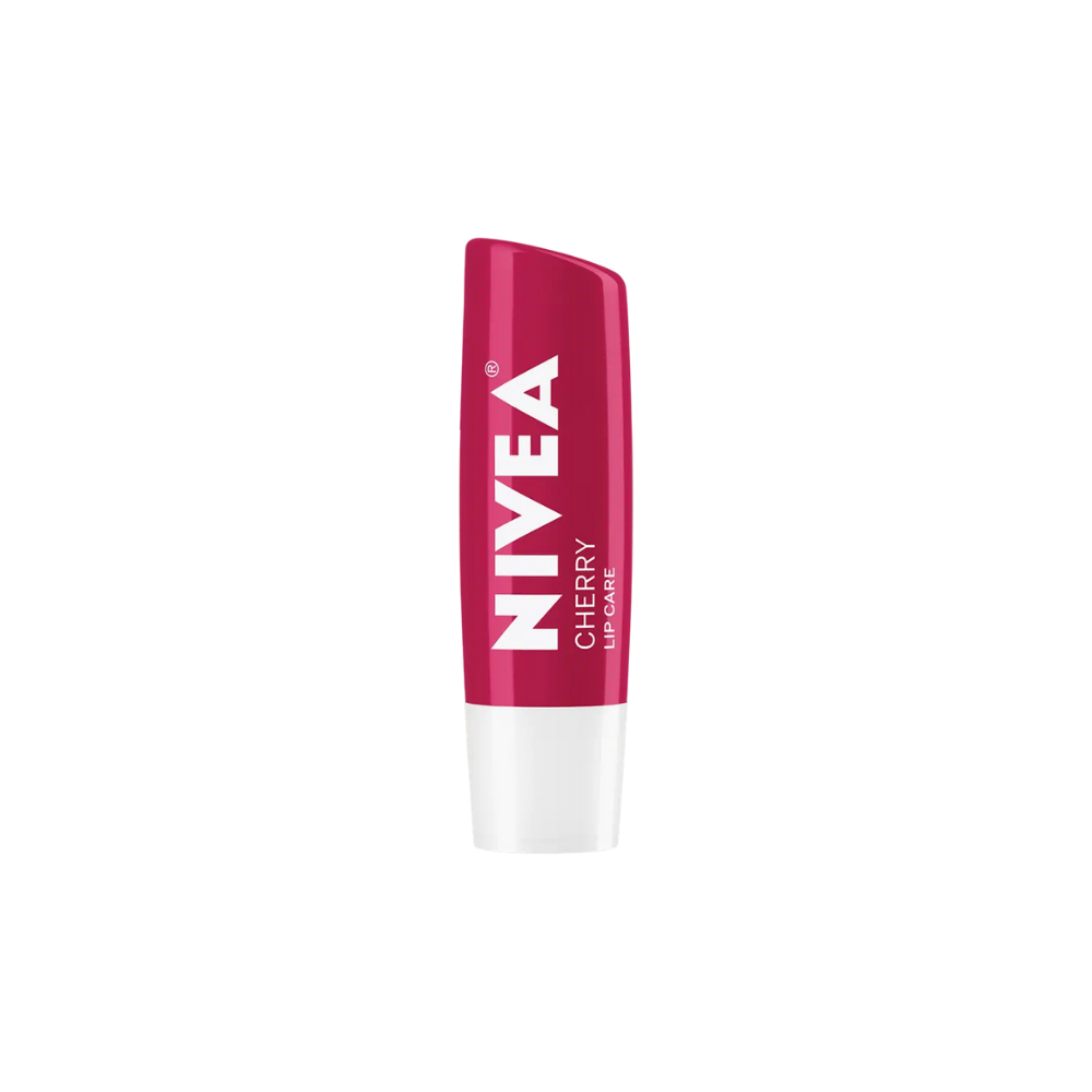 Vibrant red-capped lip balm by Nivea, offering cherry flavor and long-lasting hydration.
