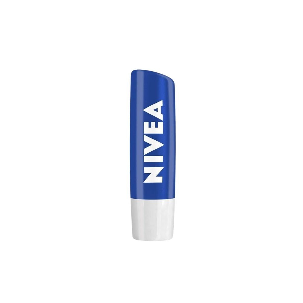 Close-up of five Nivea lip balm sticks with blue and white packaging, featuring shea butter illustrations.