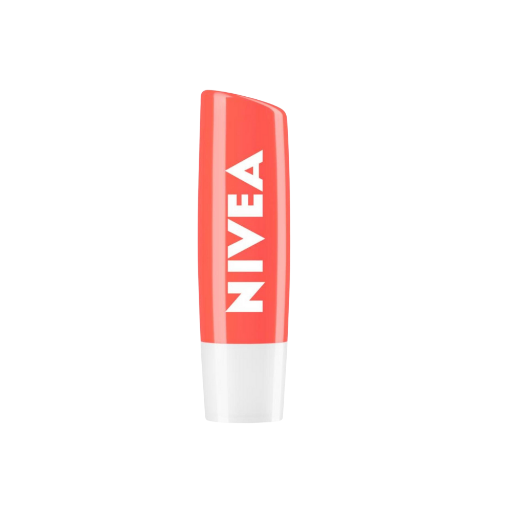Close-up of a Nivea lip balm in peach flavor, showing the cap slightly removed to reveal the product.