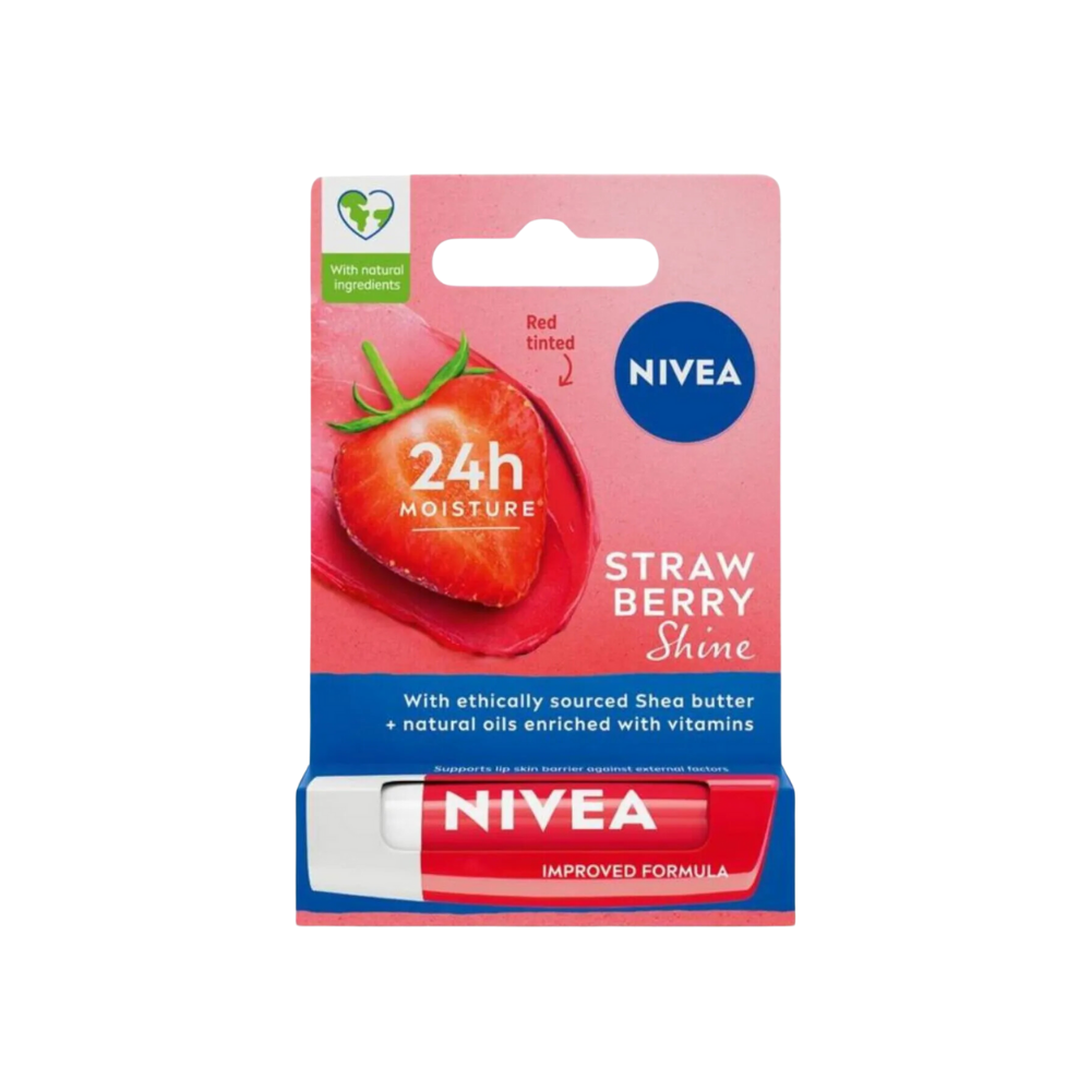 Vivid red-capped lip balm by Nivea, designed for nourishing lips with a hint of strawberry.