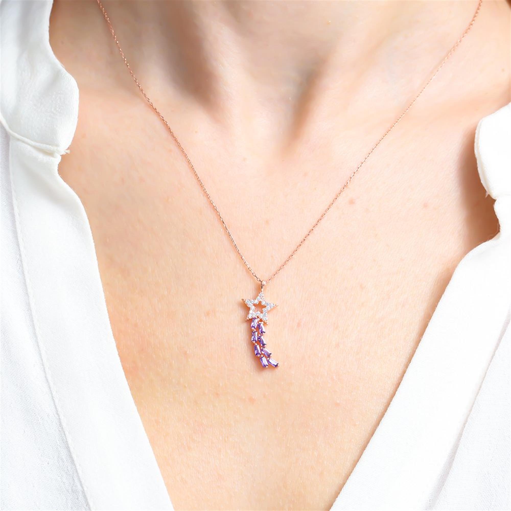 Amethyst Baguette Shooting Star Rose Gold Necklace