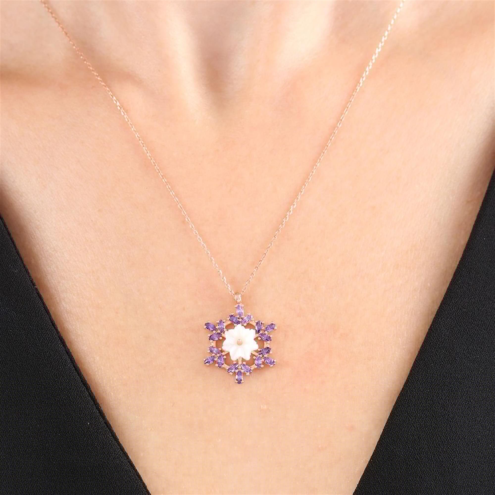 Amethyst Crystal Snowflake Flowers Rose Gold Necklace