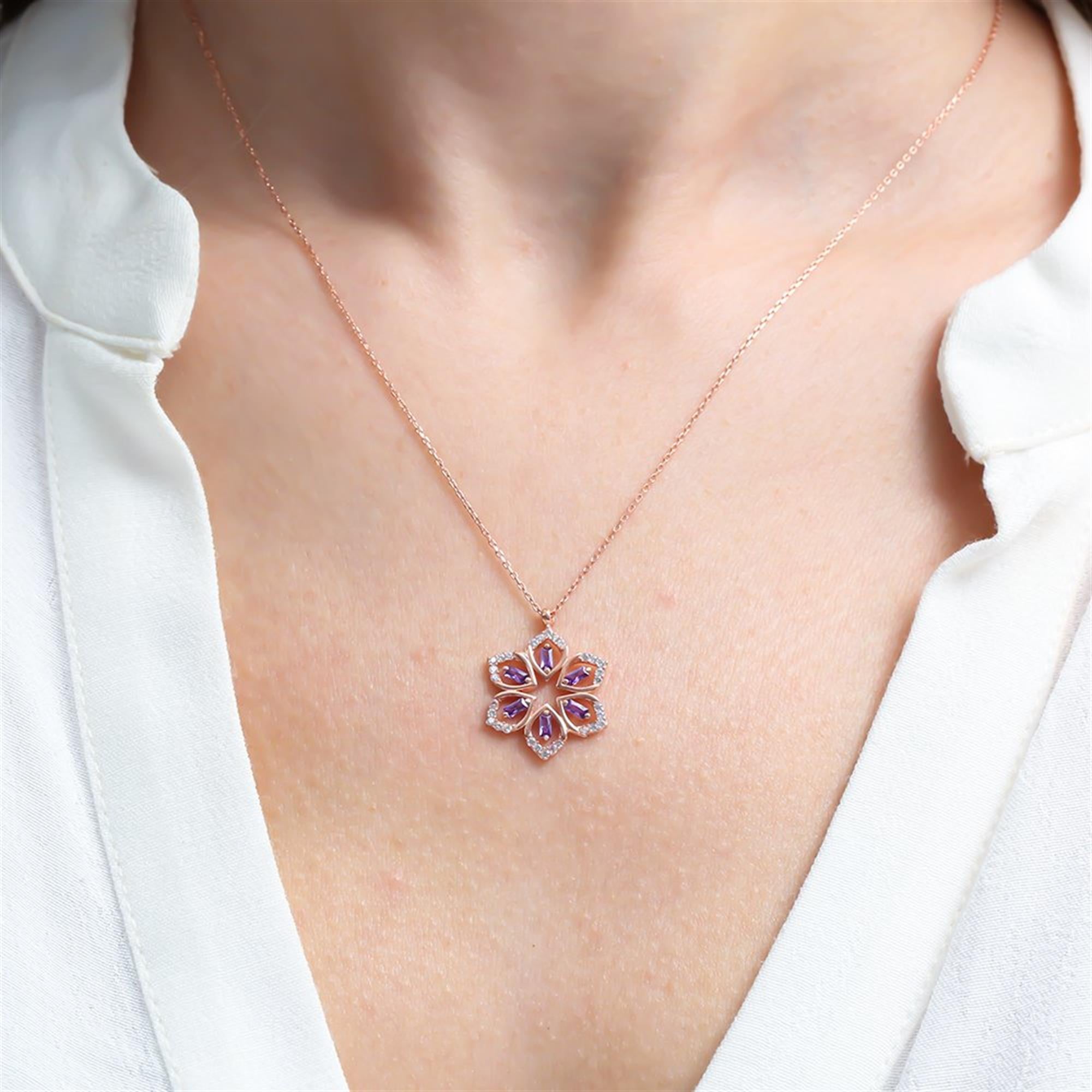 Amethyst Crystal Mandala Rose Gold Necklace