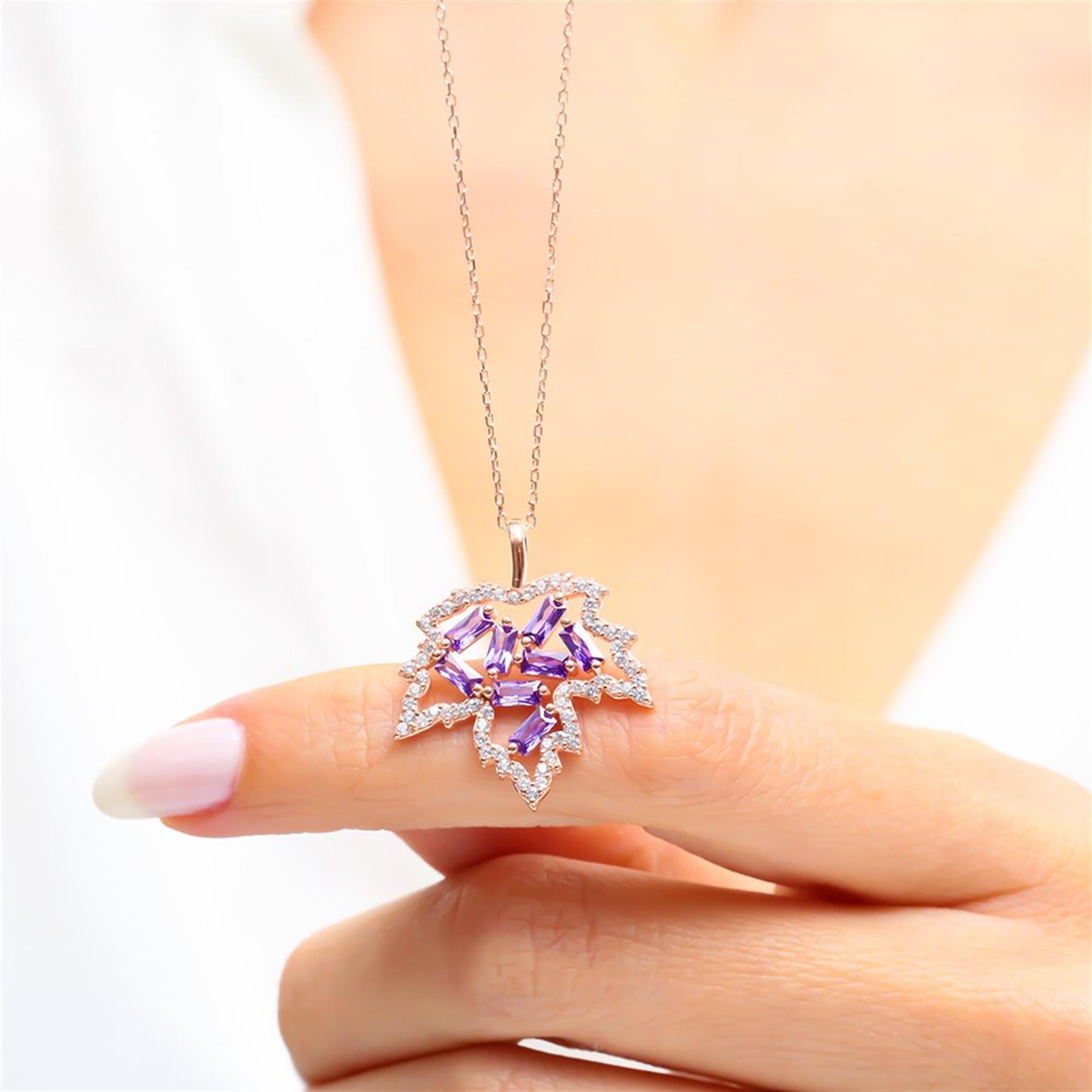 Amethyst Plane Tree Leaf Rose Gold Necklace
