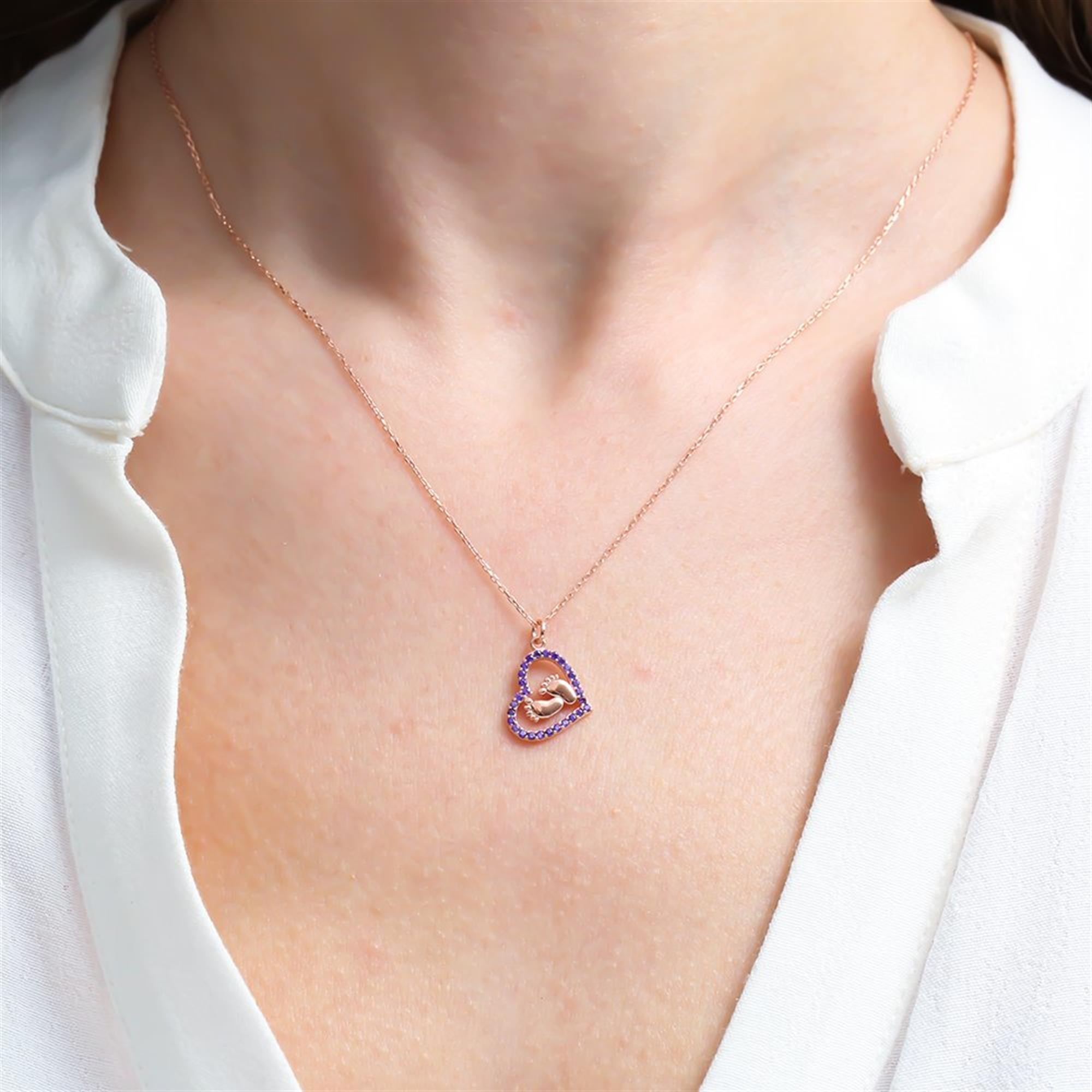 Amethyst Baby Footprint Heart Rose Gold Necklace