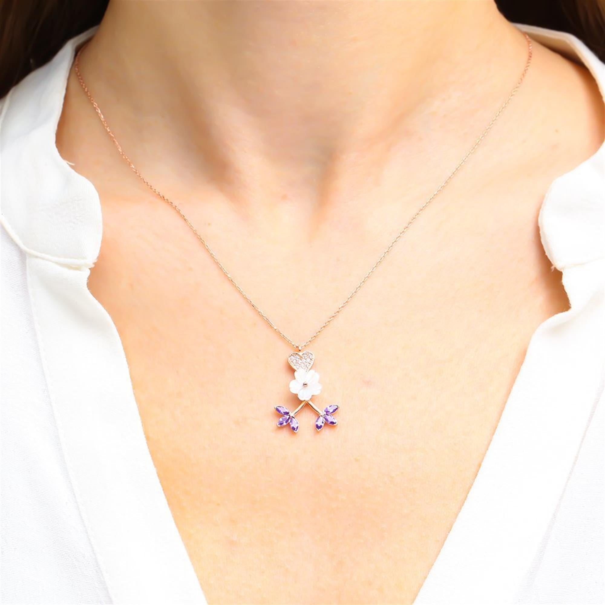 Amethyst Magnolia Flower Heart Rose Gold Necklace