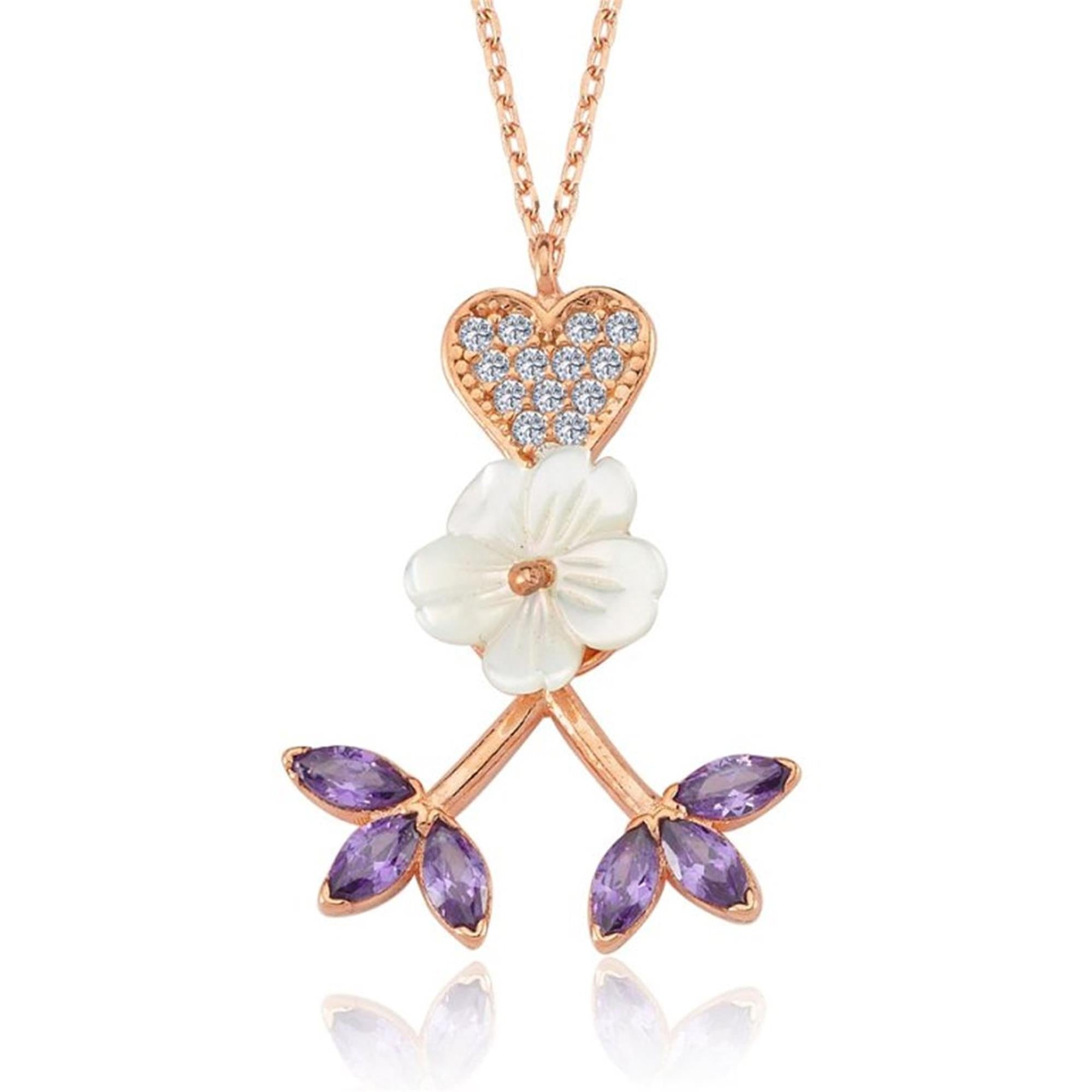 Amethyst Magnolia Flower Heart Rose Gold Necklace