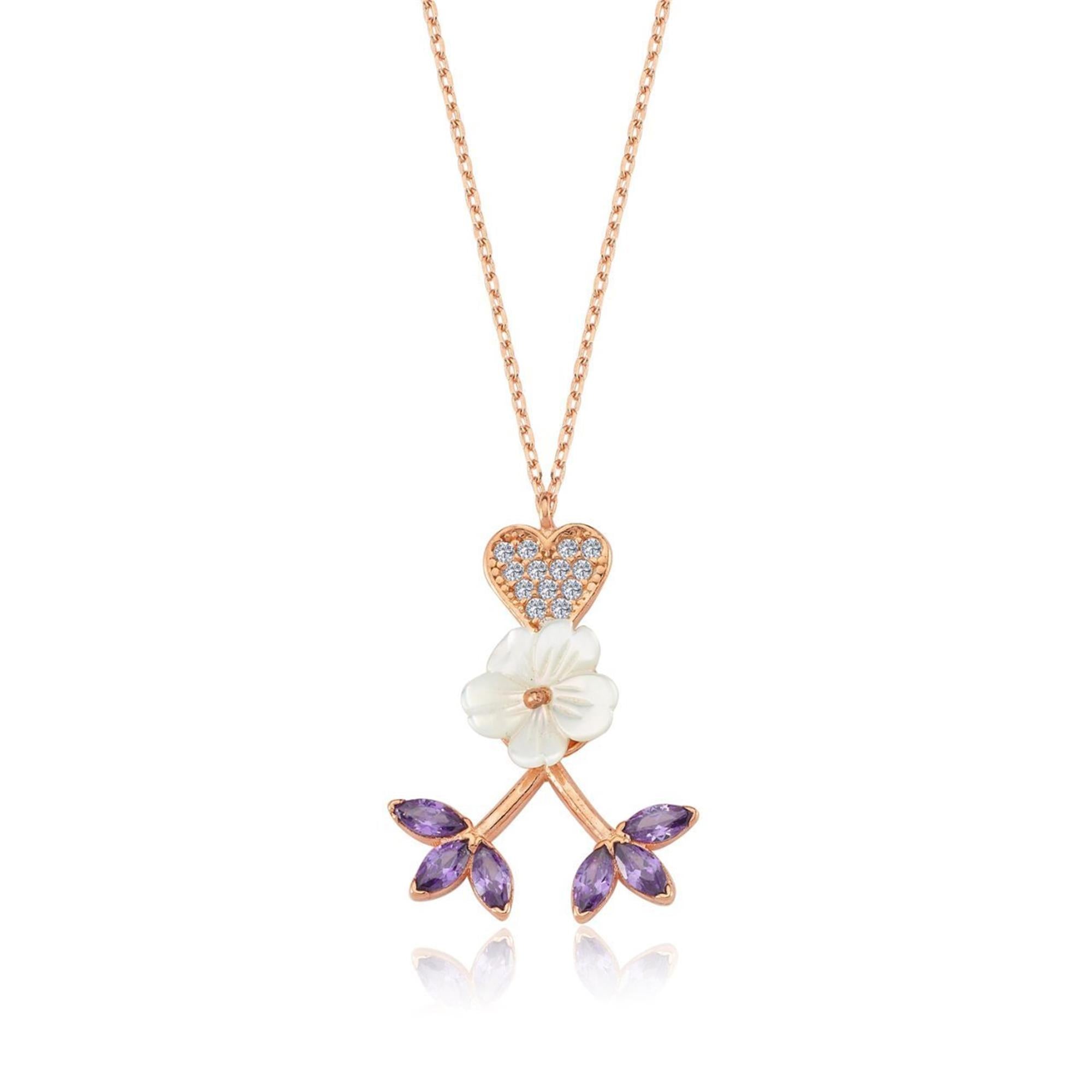Amethyst Magnolia Flower Heart Rose Gold Necklace