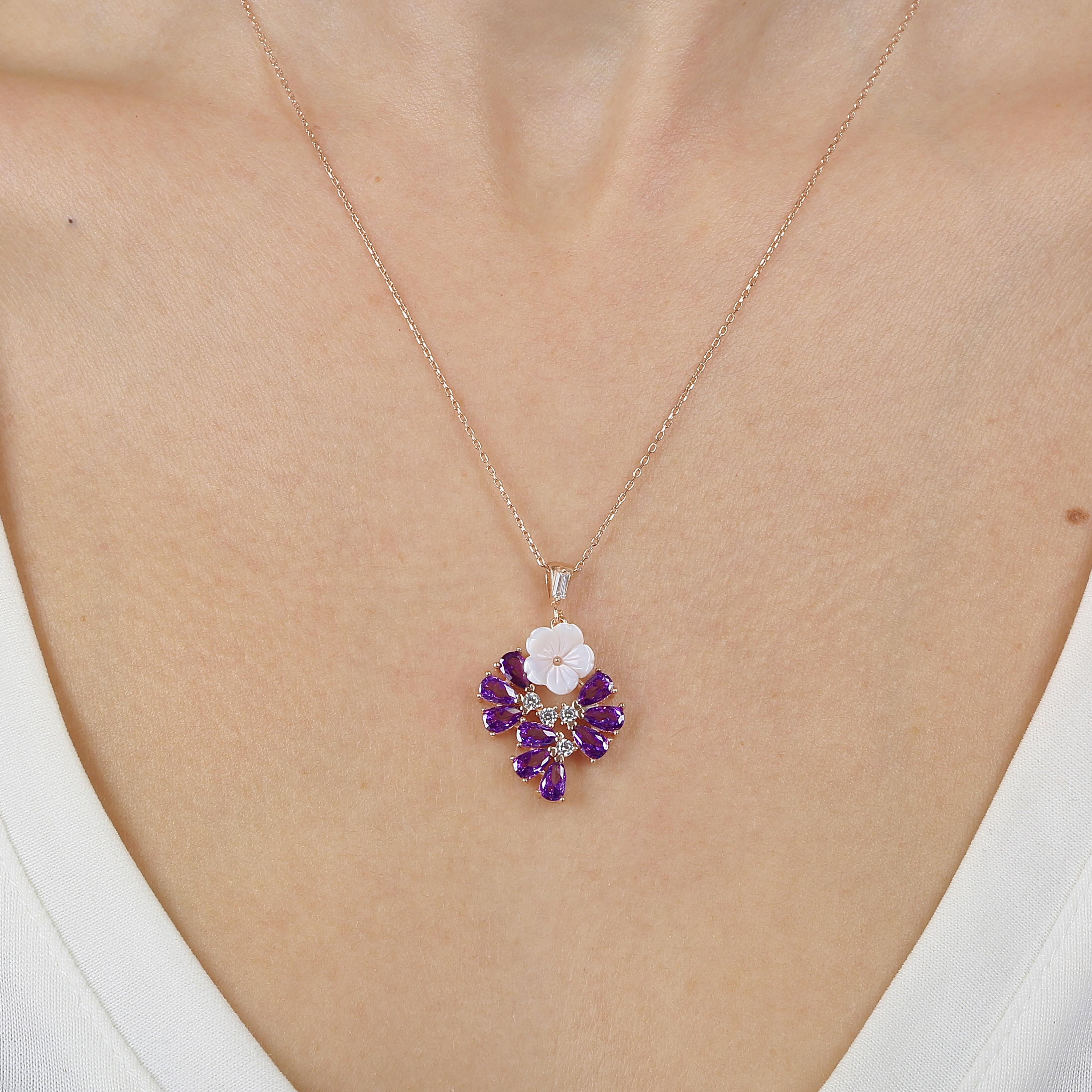 Amethyst Drop Tale Magnolia Flower Silver Necklace