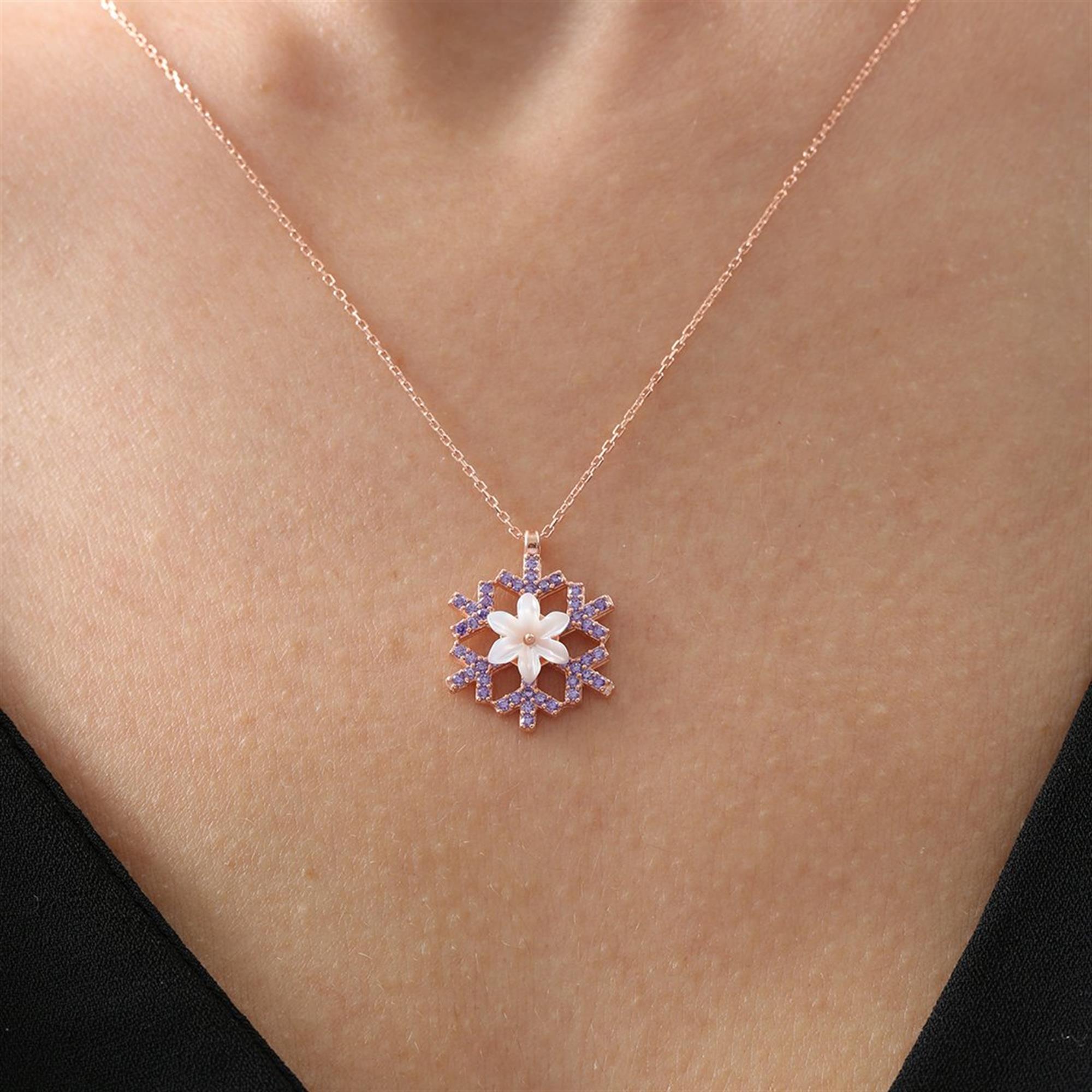 Amethyst Snowflake Magnolia Flowers Rose Gold Necklace