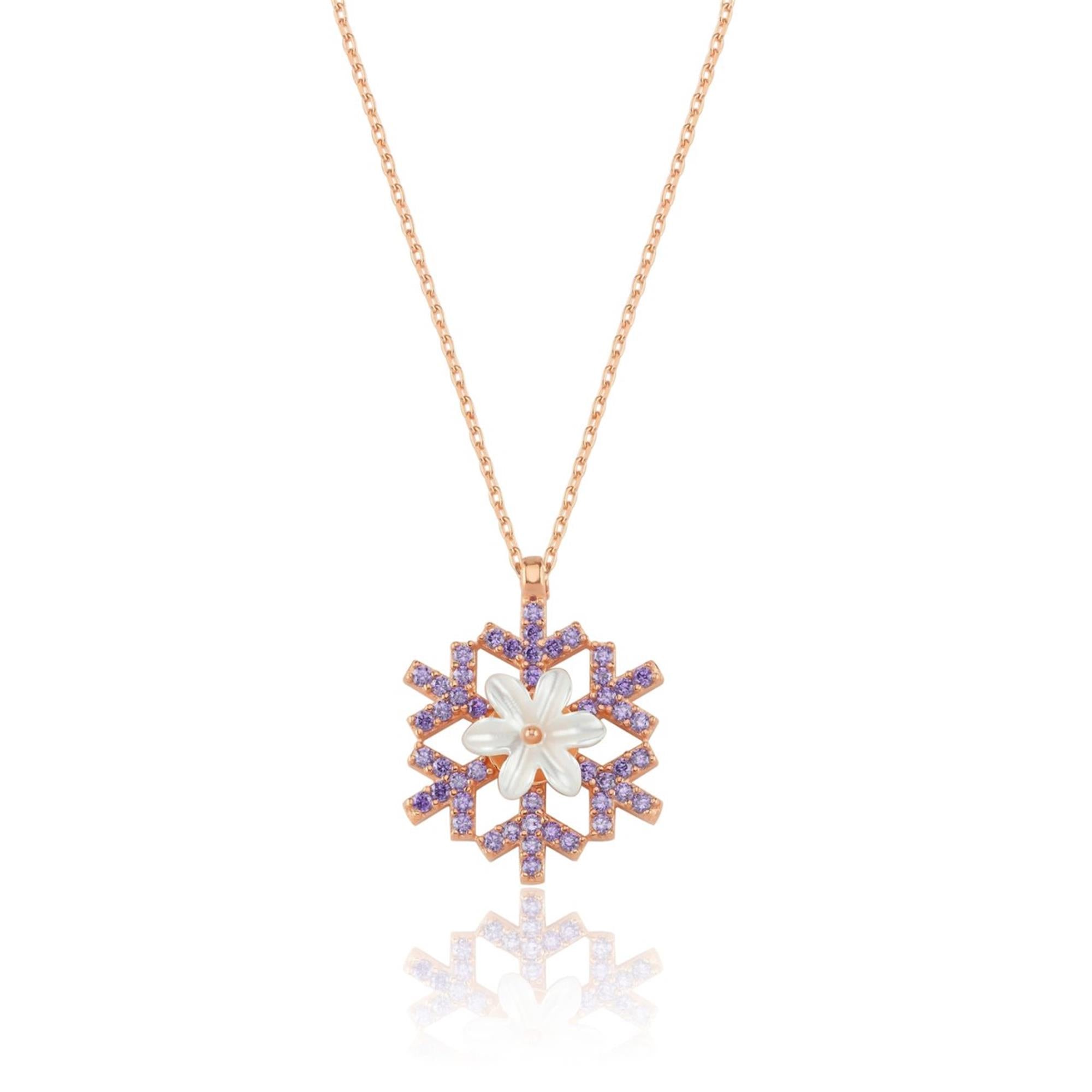 Amethyst Snowflake Magnolia Flowers Rose Gold Necklace