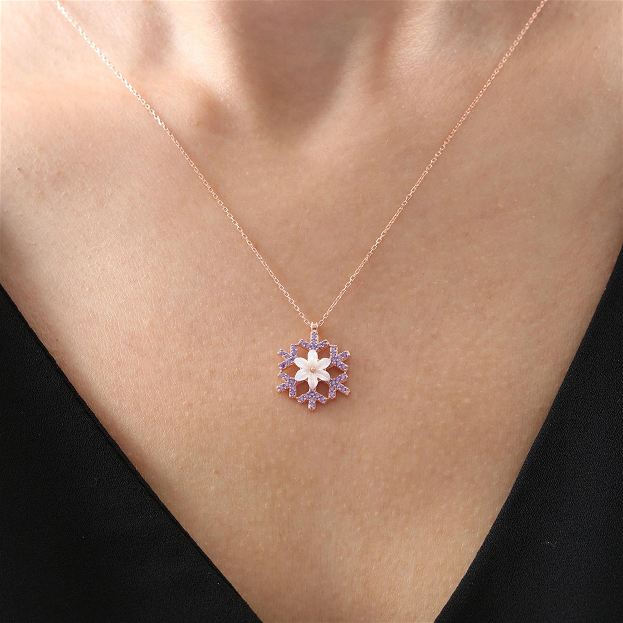 Amethyst Snowflake Magnolia Flowers Rose Gold Necklace