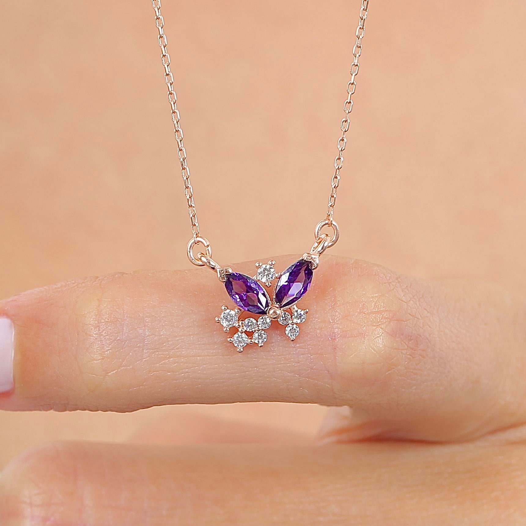 Amethyst Stone Butterfly Tale Rose Gold Necklace