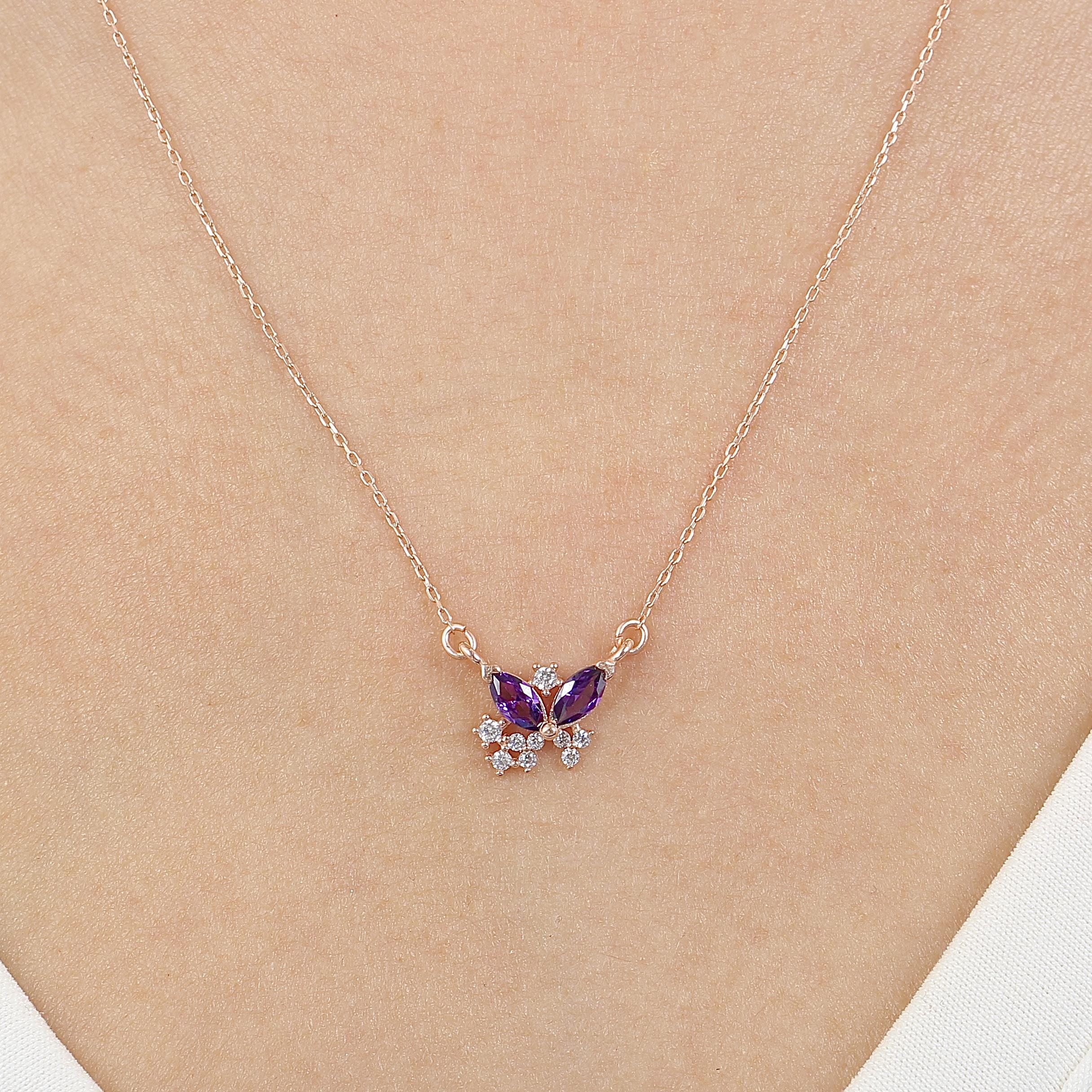 Amethyst Stone Butterfly Tale Rose Gold Necklace