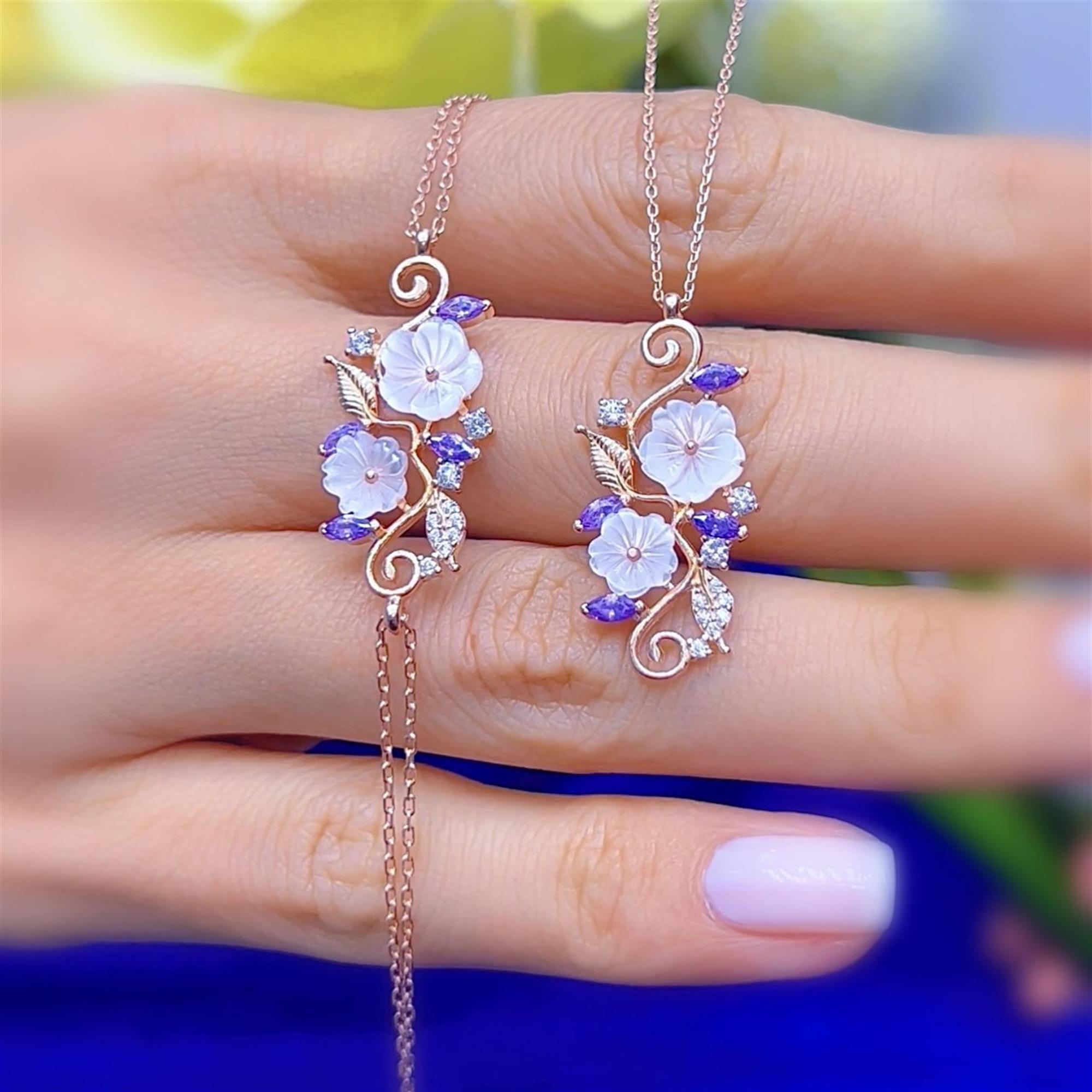 Amethyst Magnolia Flower Rose Gold Duo Set