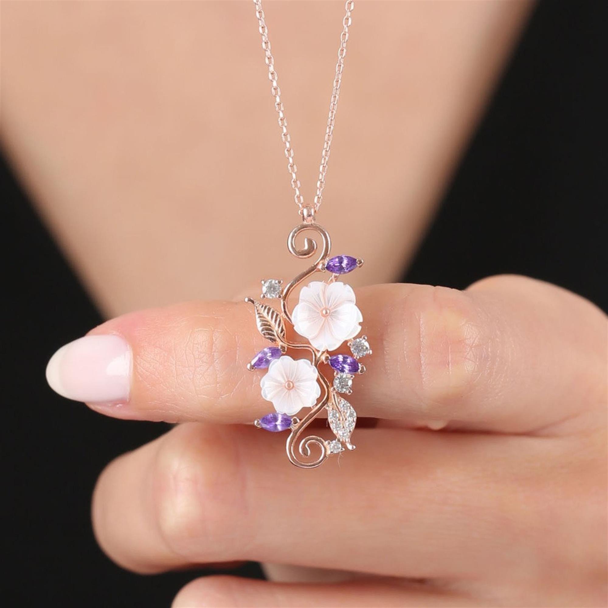 Amethyst Magnolia Flower Love Garden Rose Gold Necklace
