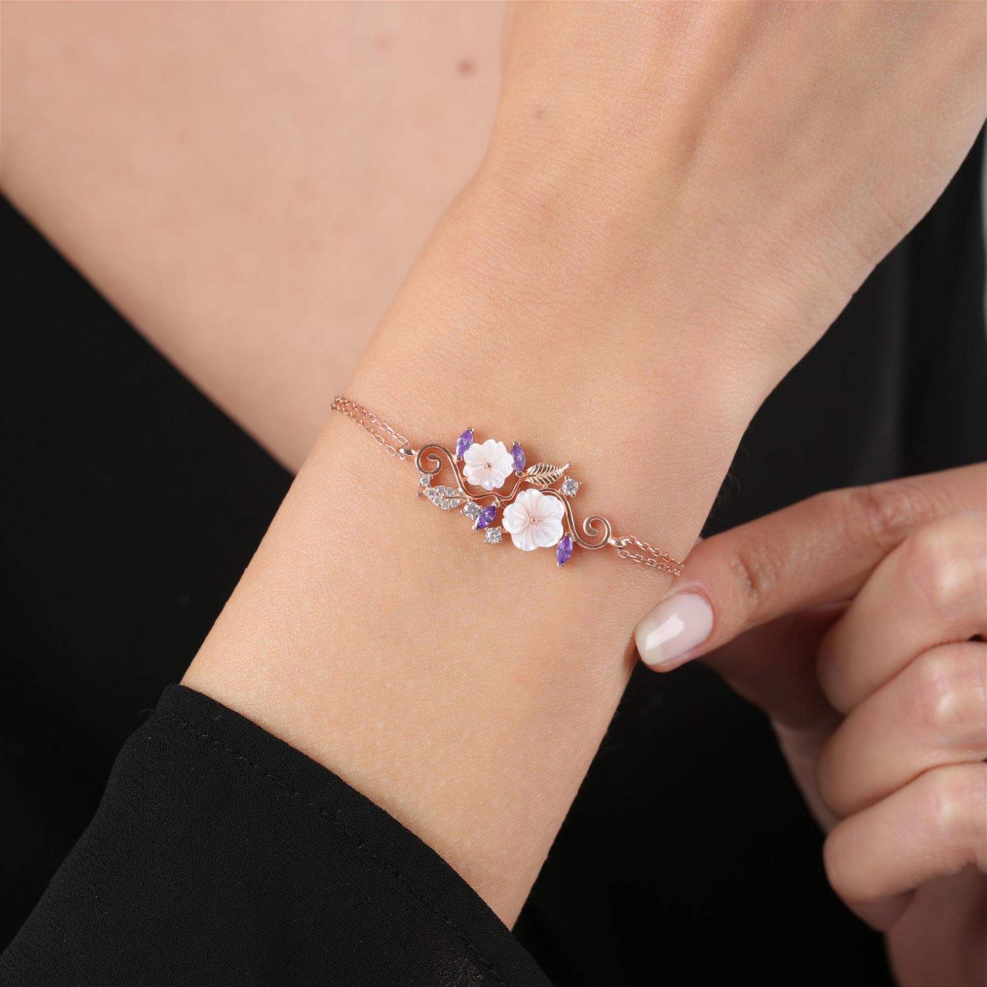 Amethyst Magnolia Flower Silver Bracelet