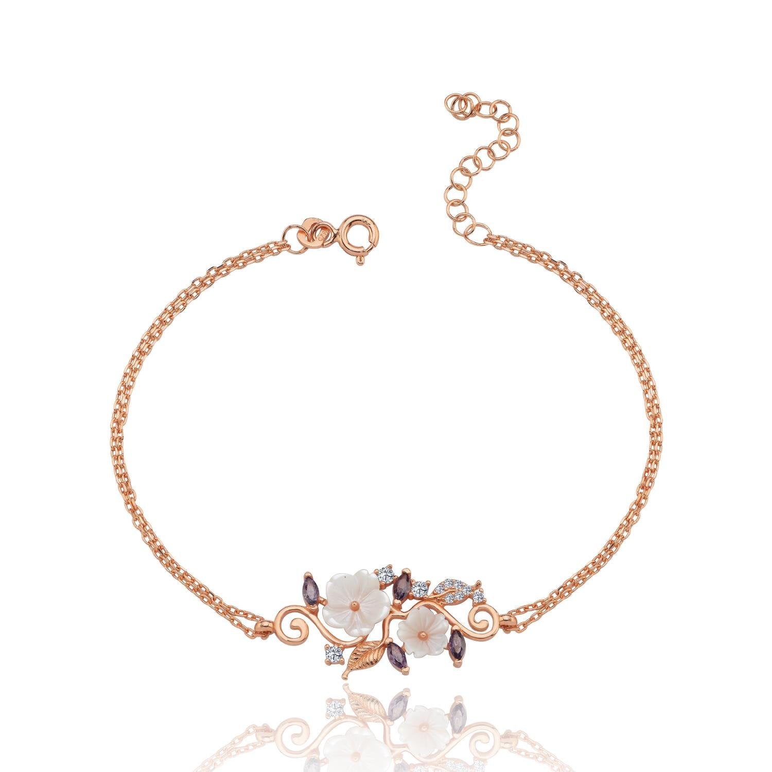 Amethyst Magnolia Flower Silver Bracelet