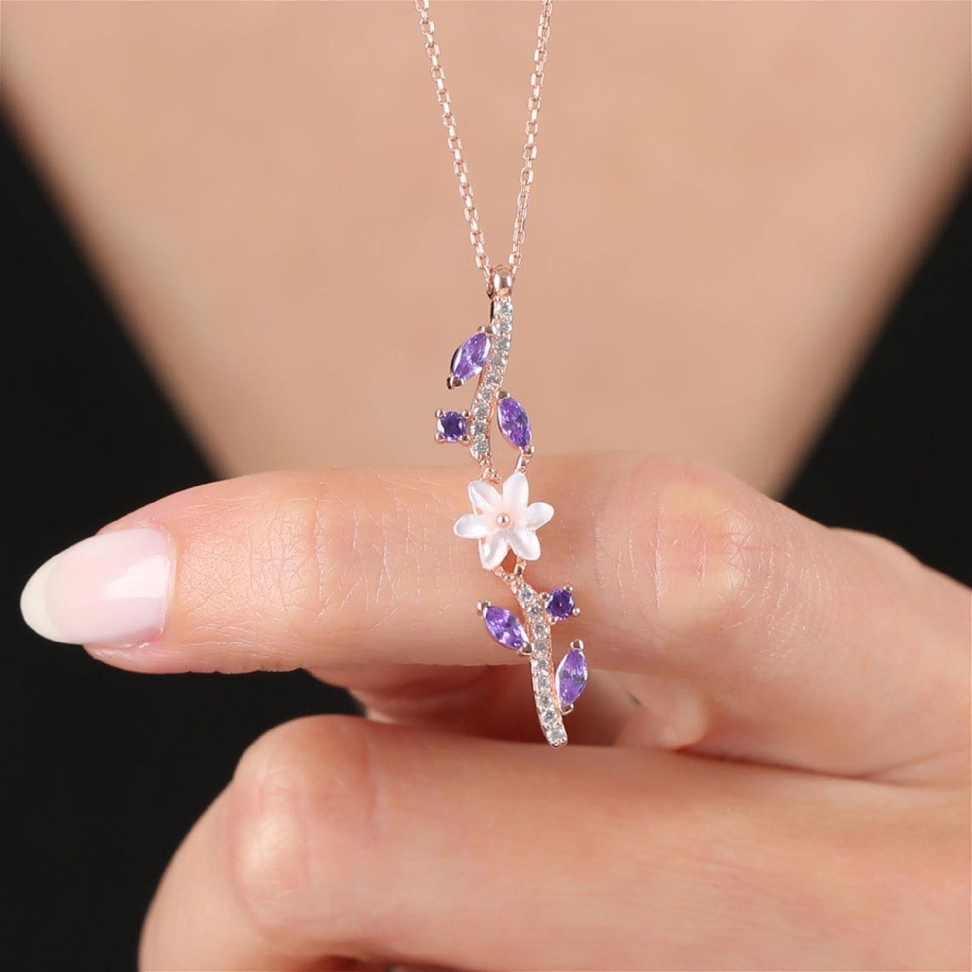 Amethyst Magnolia Flower Elegance Bond Flowers Rose Gold Necklace