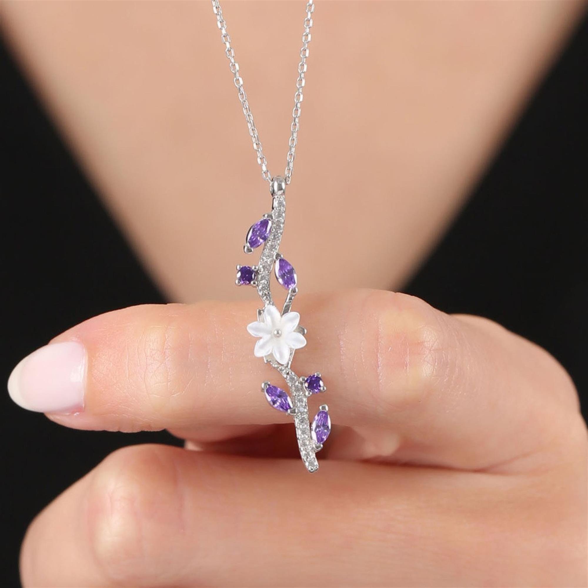 Amethyst Magnolia Flower Elegance Bond Flowers Silver Necklace