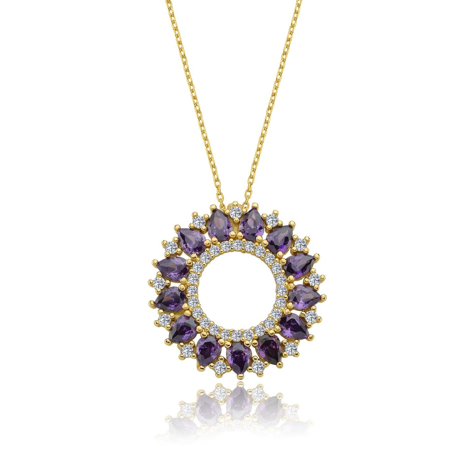Gold Plated Amethyst Ocean Sun Silver Necklace