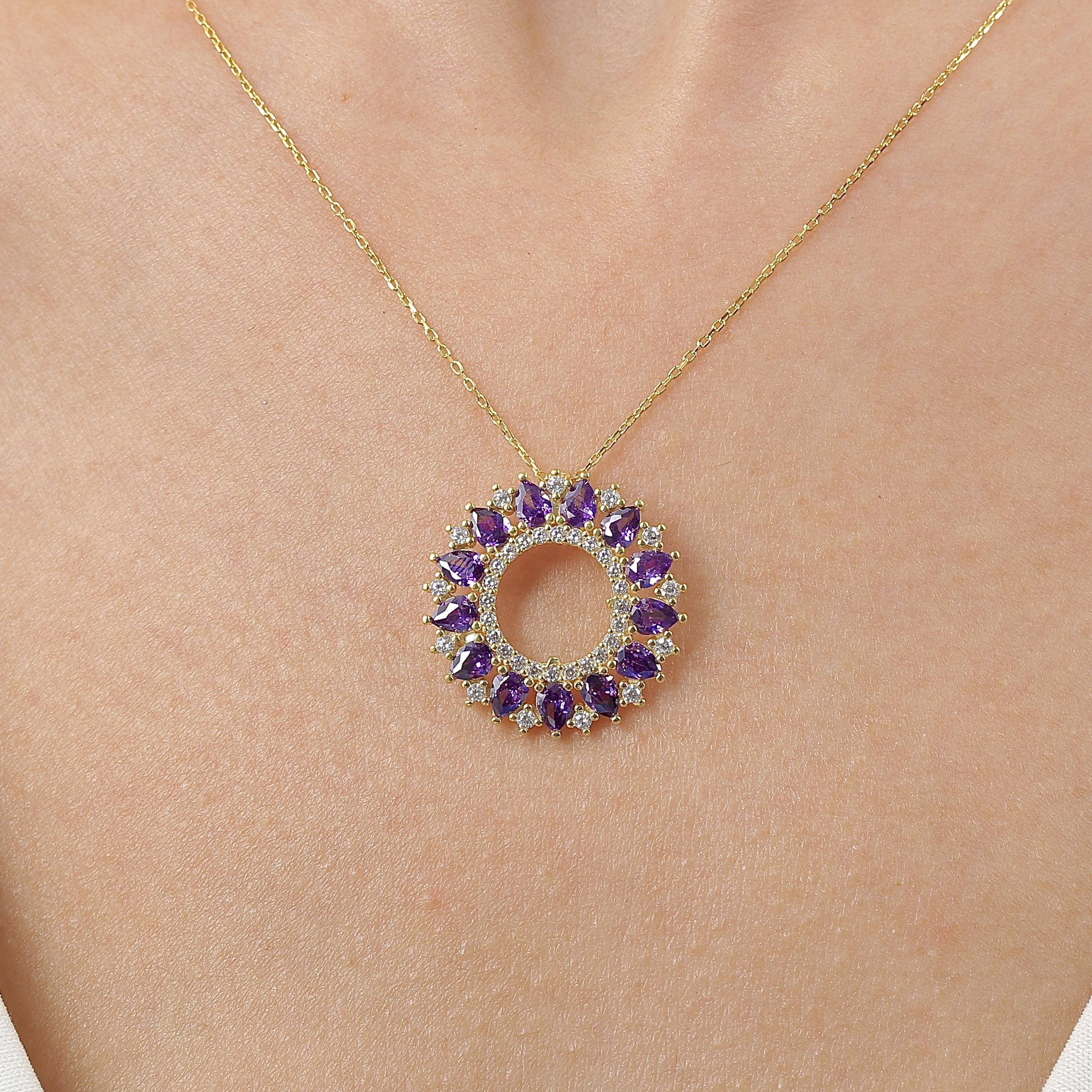 Gold Plated Amethyst Ocean Sun Silver Necklace