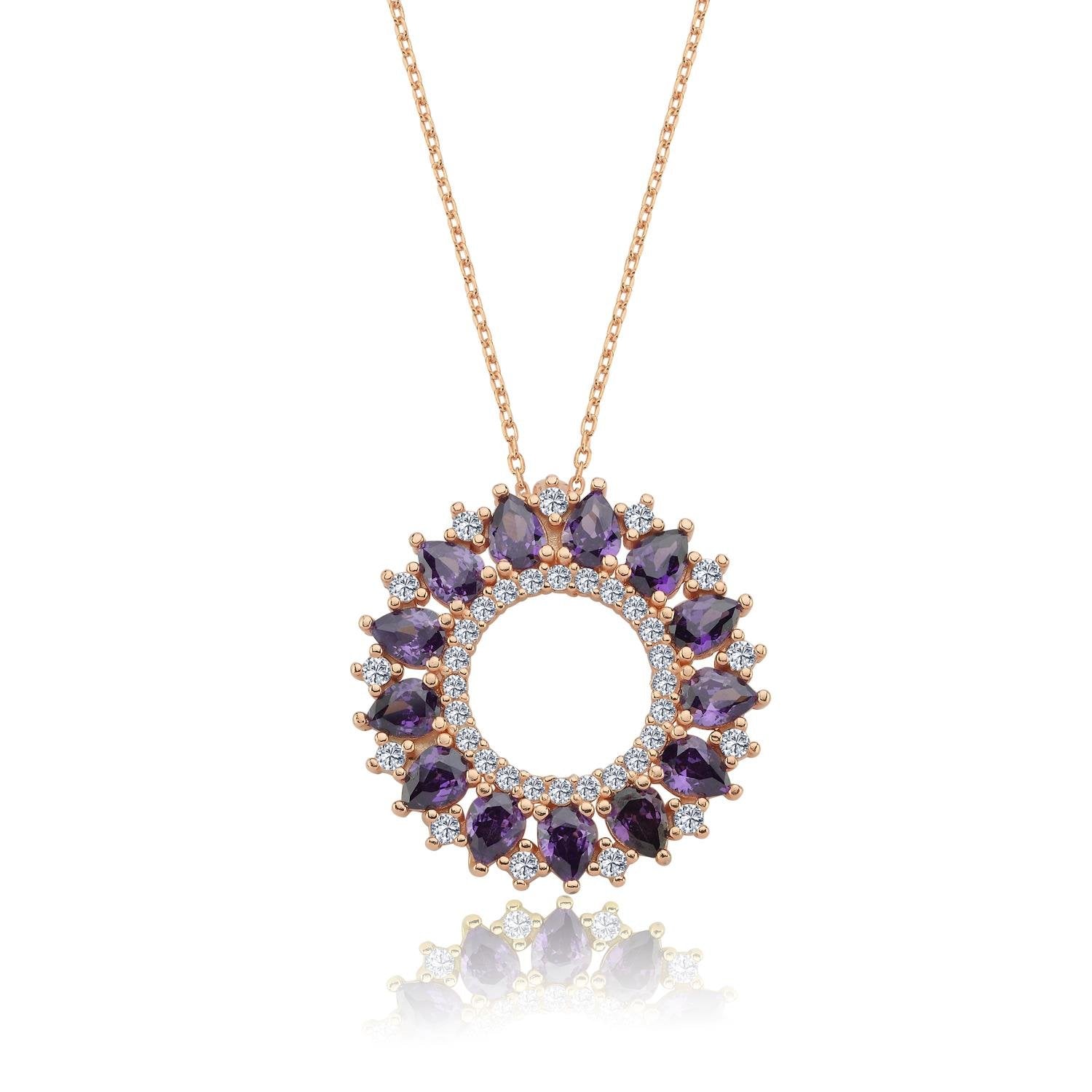 Amethyst Stone Ocean Sun Geometric Rose Gold Necklace