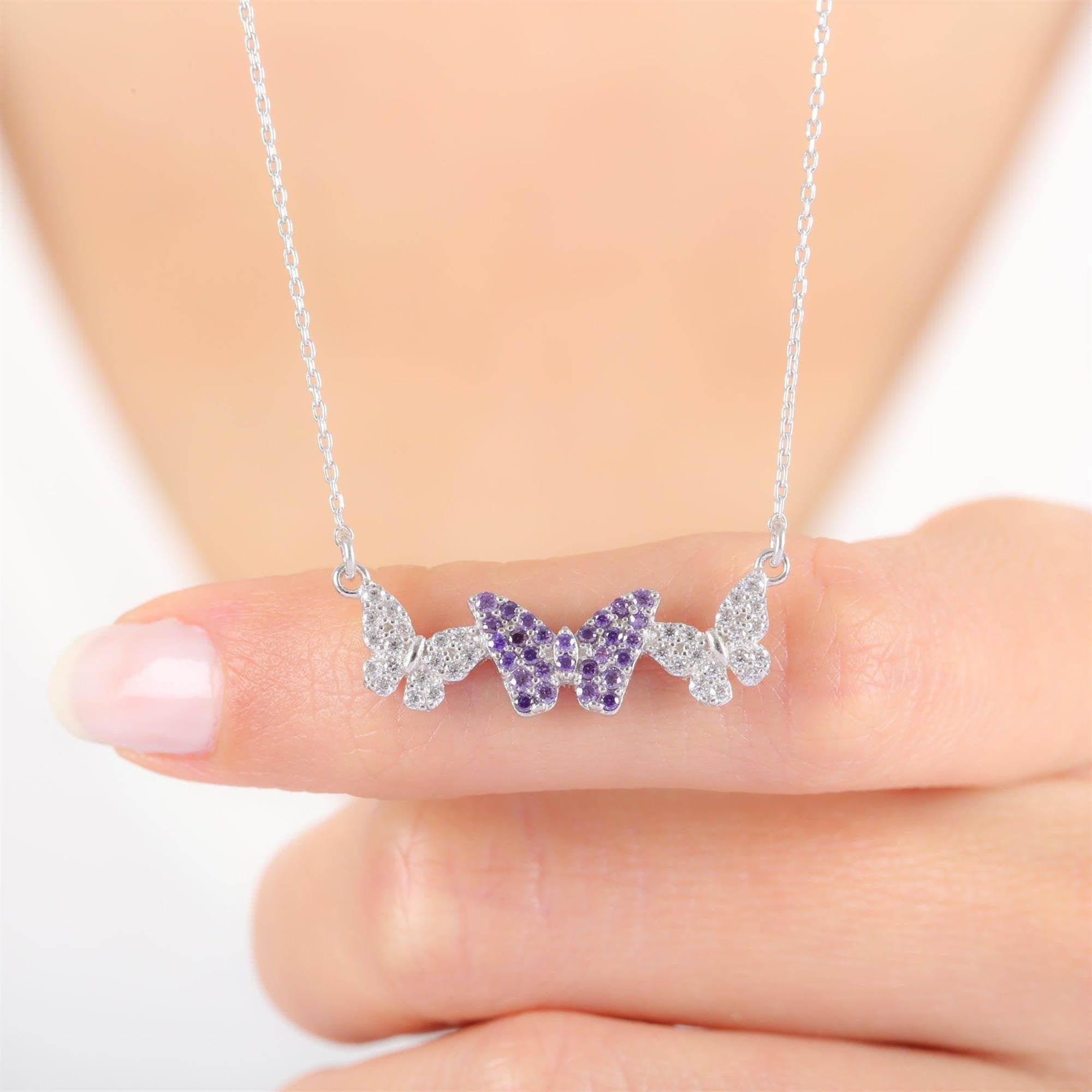 Sterling silver necklace with trio butterfly design featuring purple amethyst and cubic zirconia stones – elegant jewelry for women
