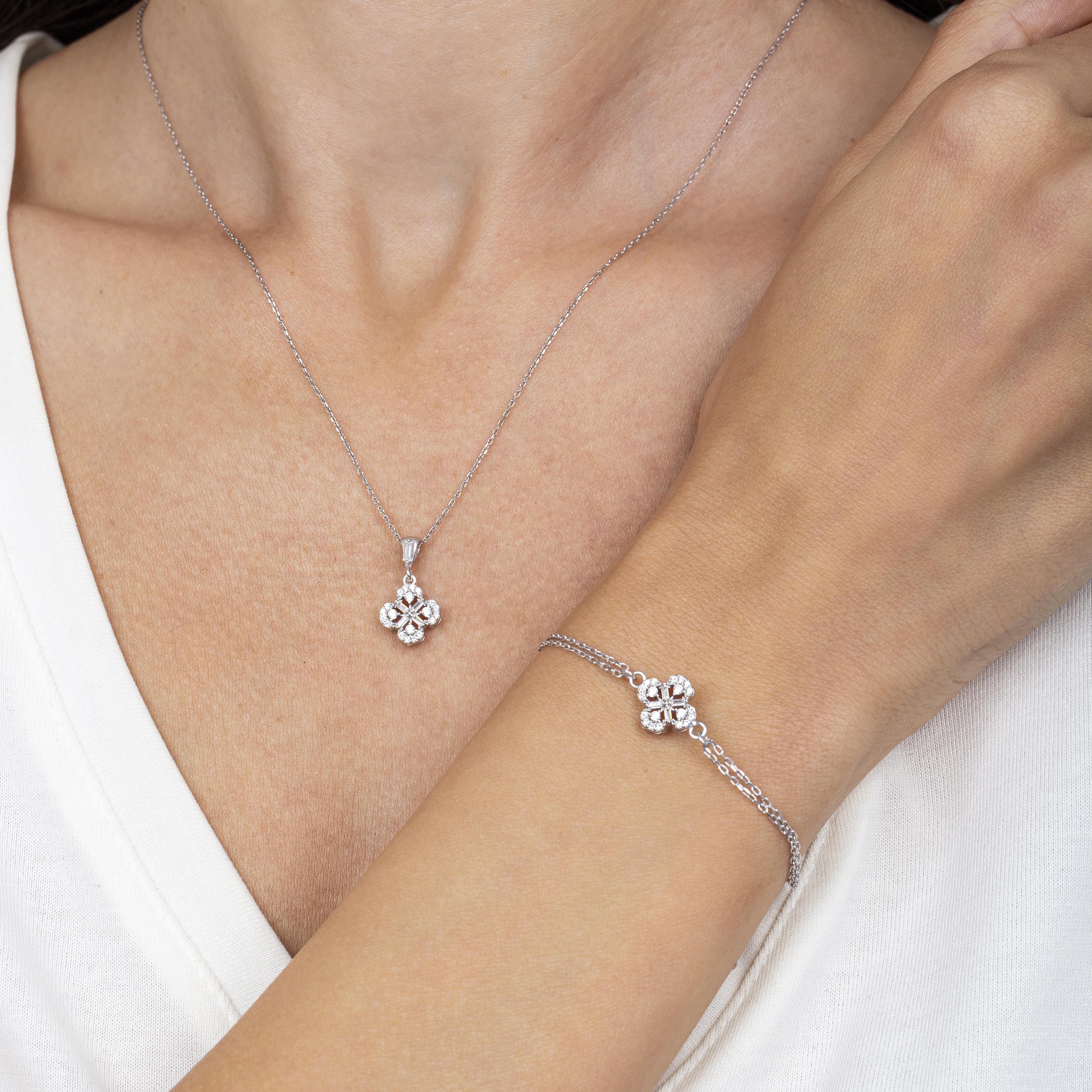 Diamond Baguette Flower Silver Jewelry Set