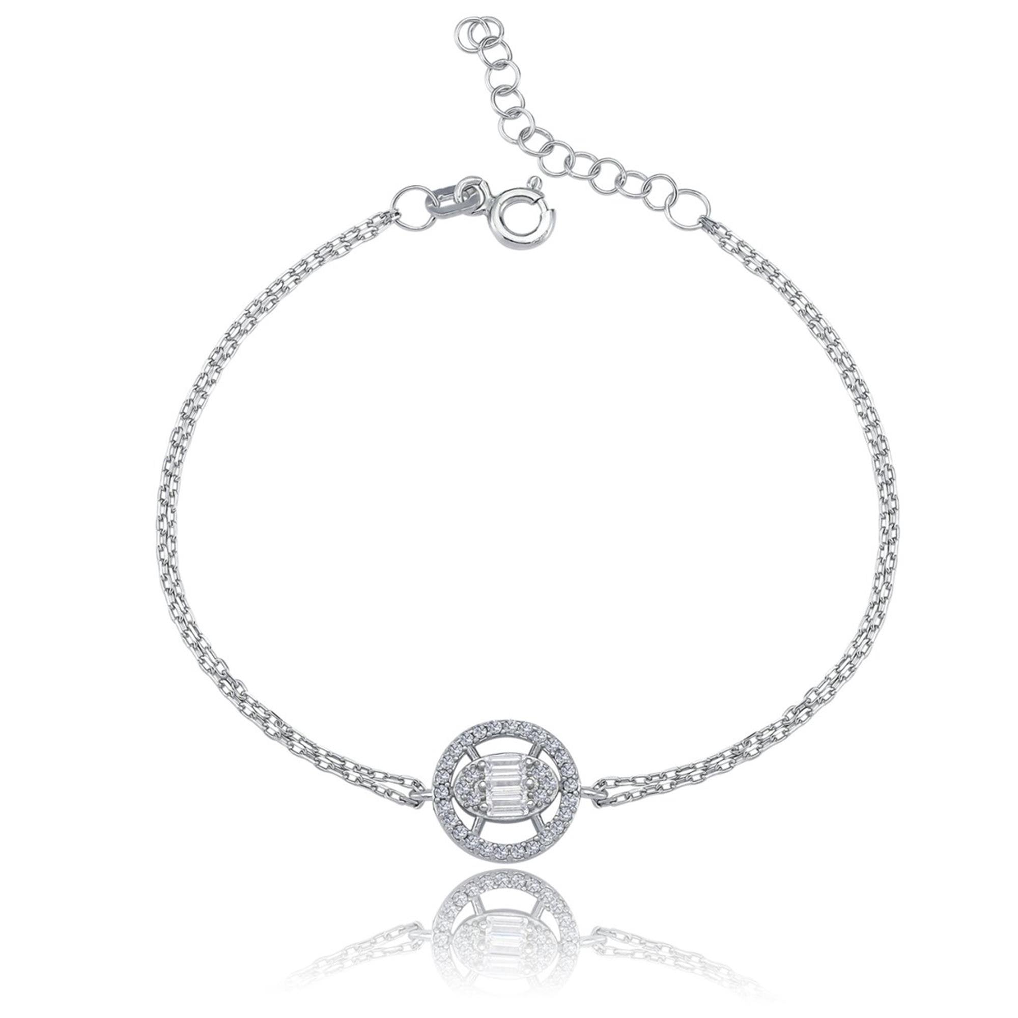 Zirconia Stone Baguette Circle Silver Bracelet