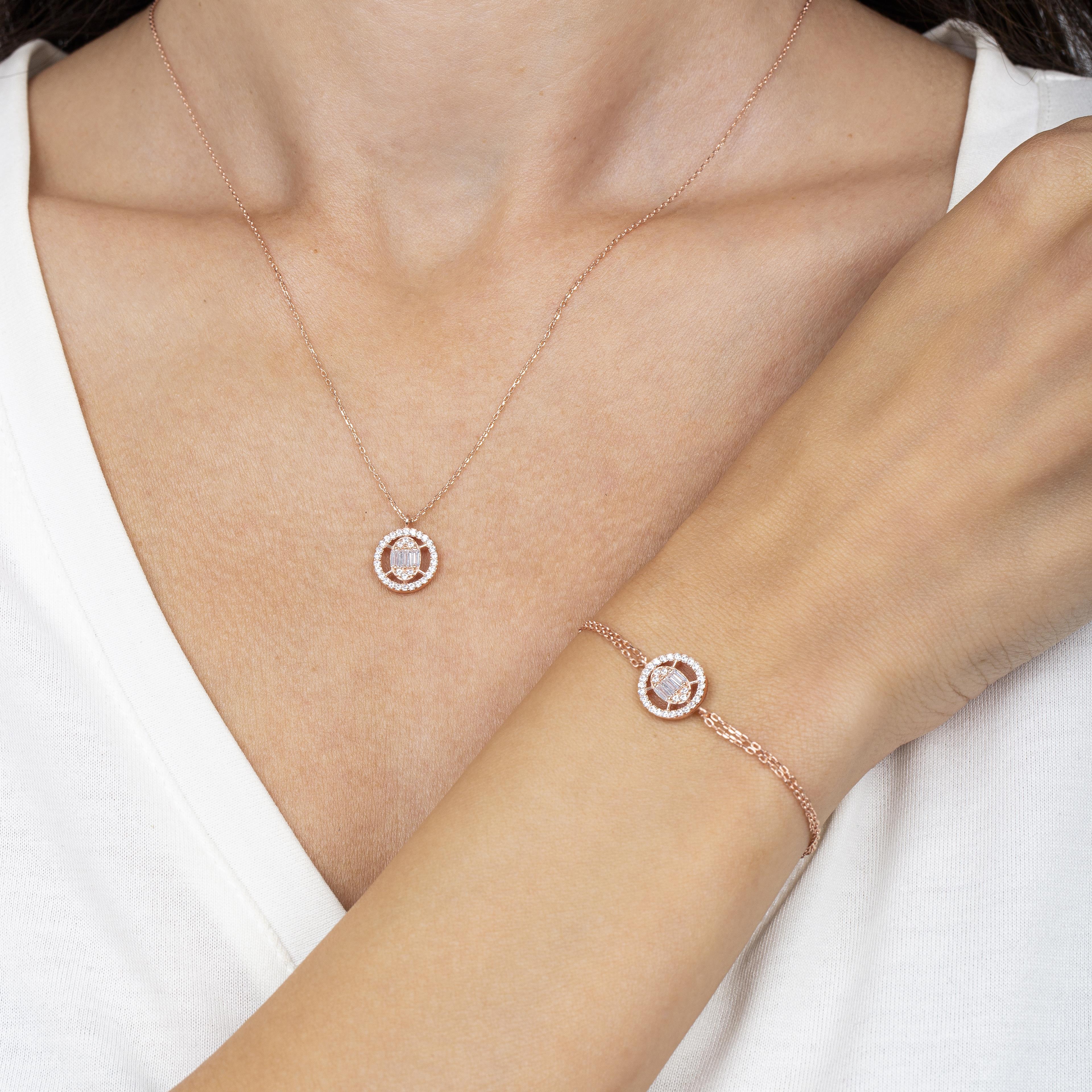 Baguette Round Rose Gold Necklace & Bracelet Set