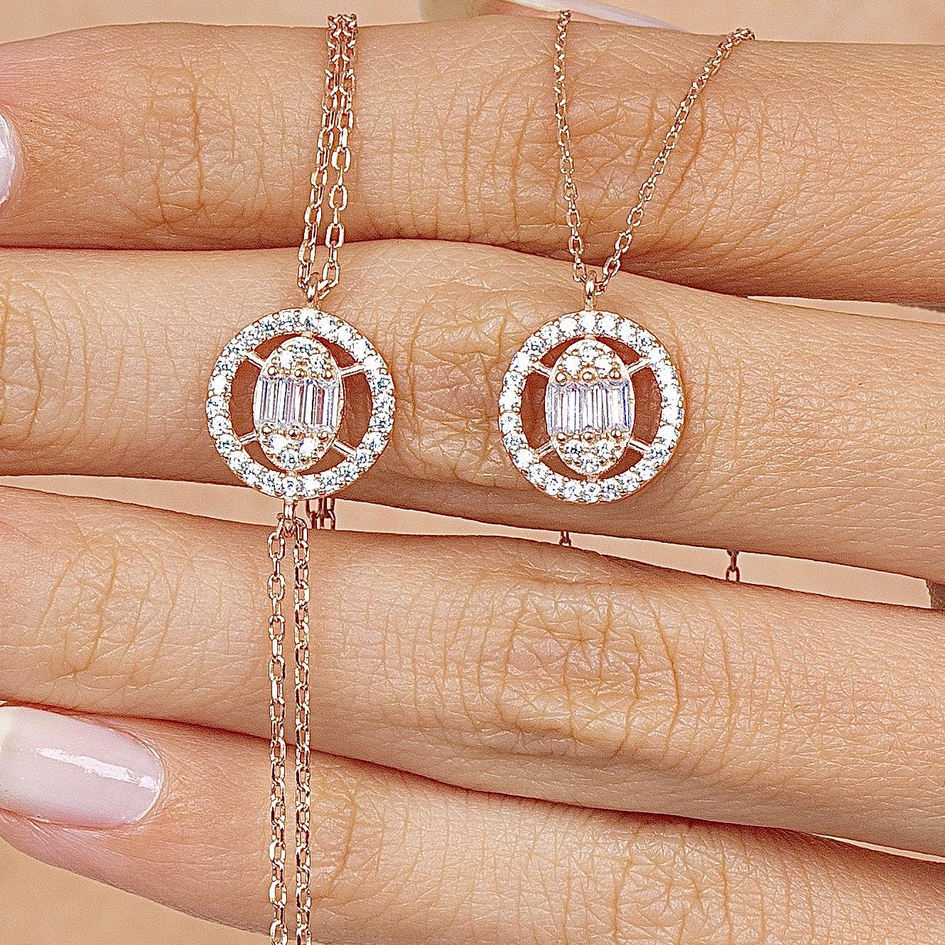 Baguette Round Rose Gold Necklace & Bracelet Set