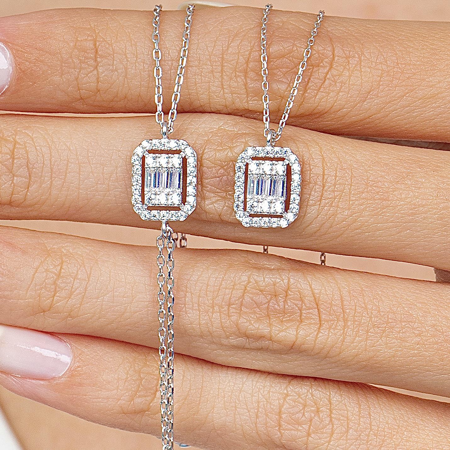 Baguette Square Silver Bracelet & Necklace Set
