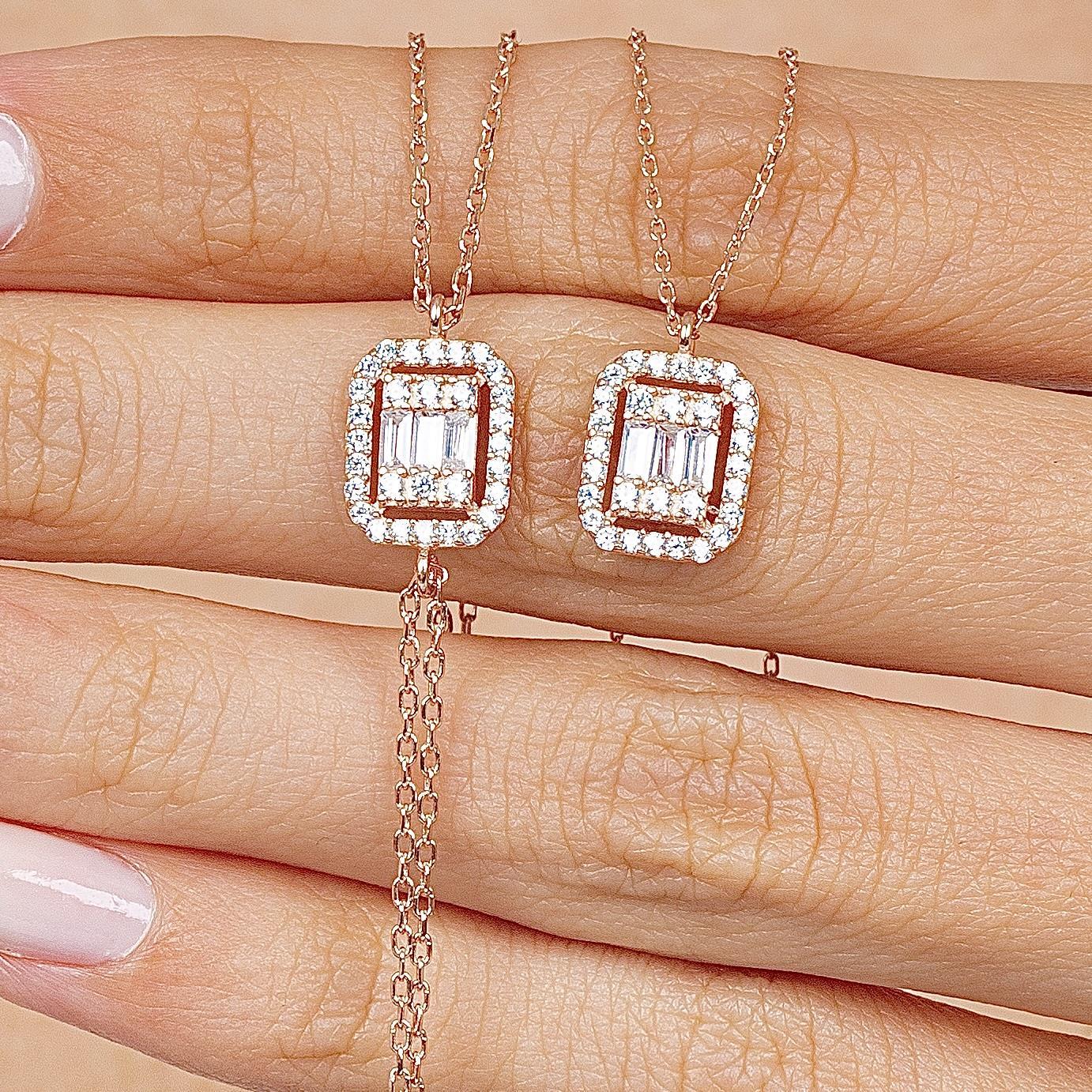 Baguette Square Rose Gold Necklace & Bracelet Set