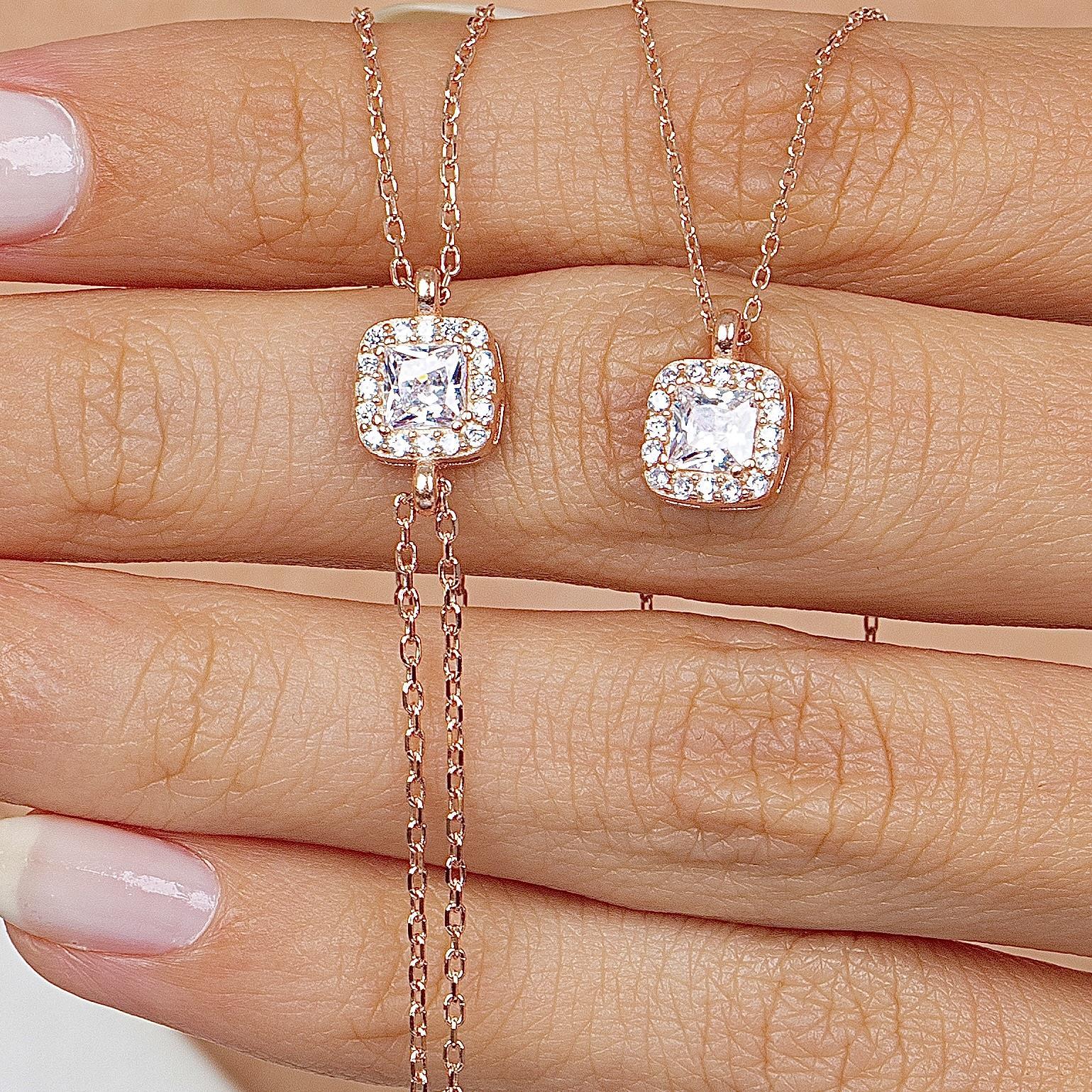 Baguette Square Solitaire Necklace & Bracelet Rose Gold Duo Set