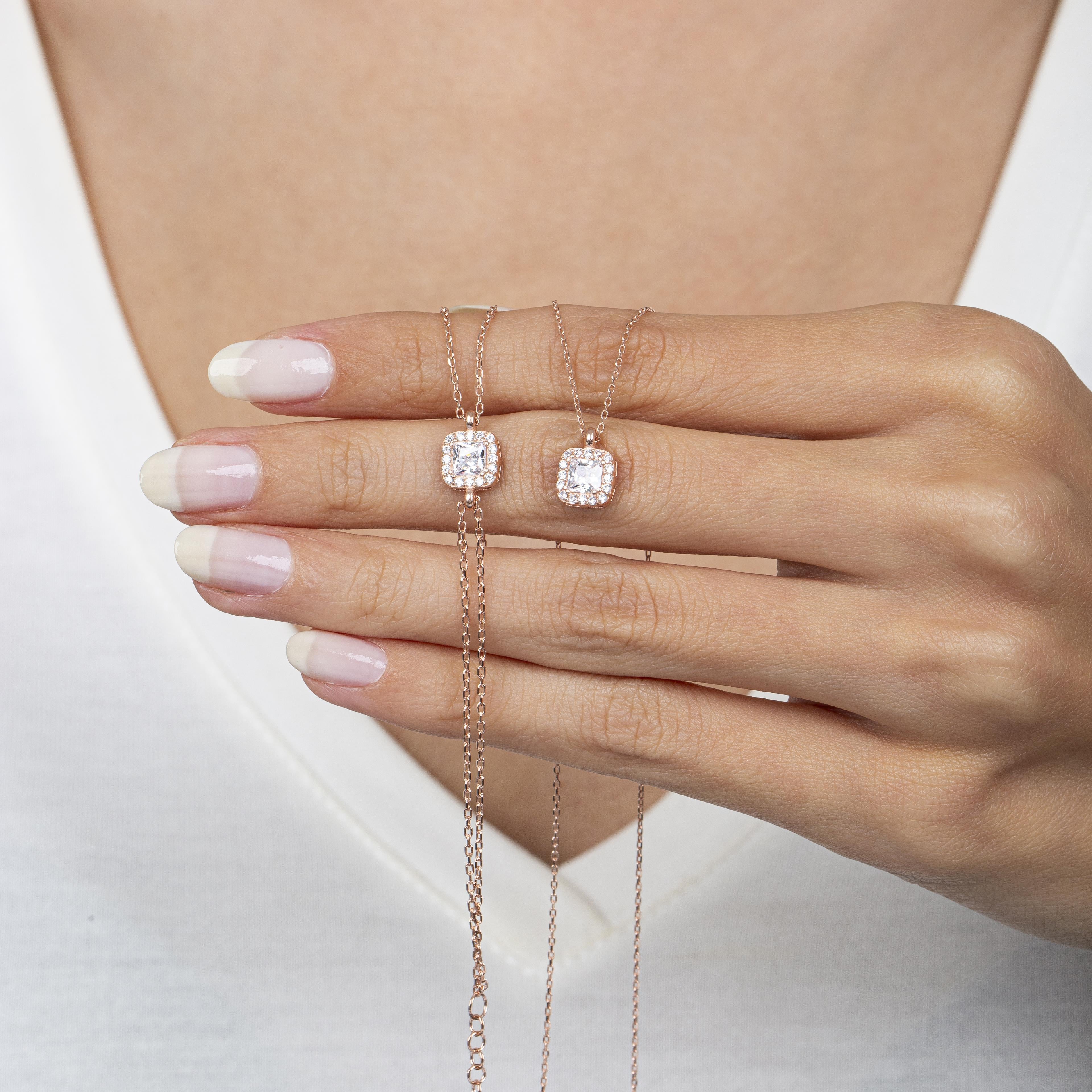 Baguette Square Solitaire Necklace & Bracelet Rose Gold Duo Set