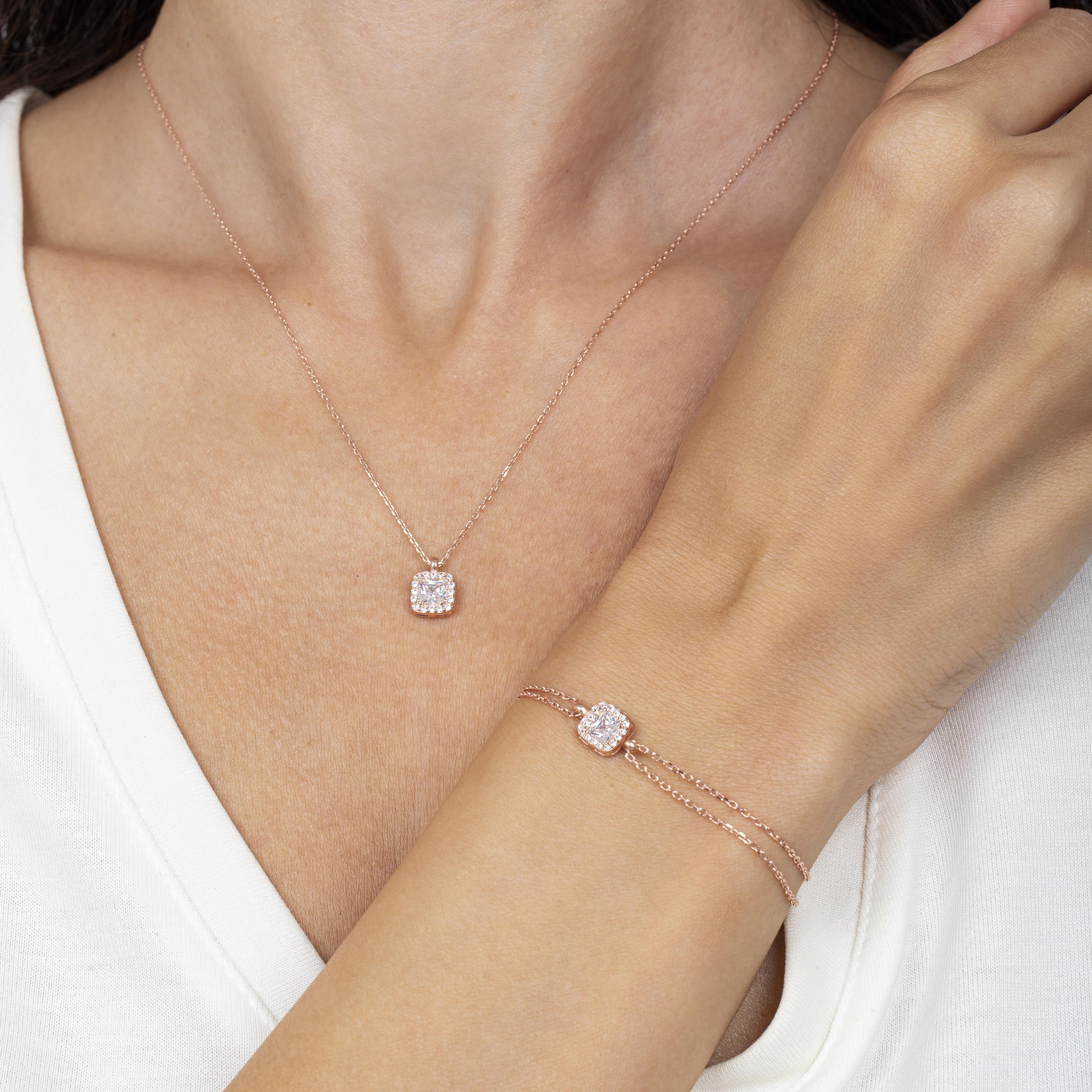 Baguette Square Solitaire Necklace & Bracelet Rose Gold Duo Set